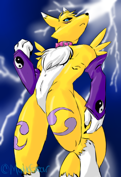 1boy anthro canine collar digimon fox fur furry glove lightning male male_anthro male_only male_renamon renamon solo solo_male white_fur wiskar ying_yang_symbol