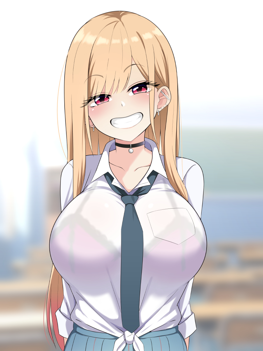 1girls, blonde hair, blurry, blurry background, blush, bra visible through clothes, classroom, collarbone, cowboy shot, female, gradient hair, gyaru, highres, indoors, kitagawa marin, komado riru, kurorettsu, long hair, multicolored hair, necktie, open mouth, pink hair, red eyes, see-through clothes, see-through shirt, shirt, smile, solo, sono bisque doll wa koi wo suru, teeth, two-tone hair, wet, wet clothes, wet shirt, white shirt