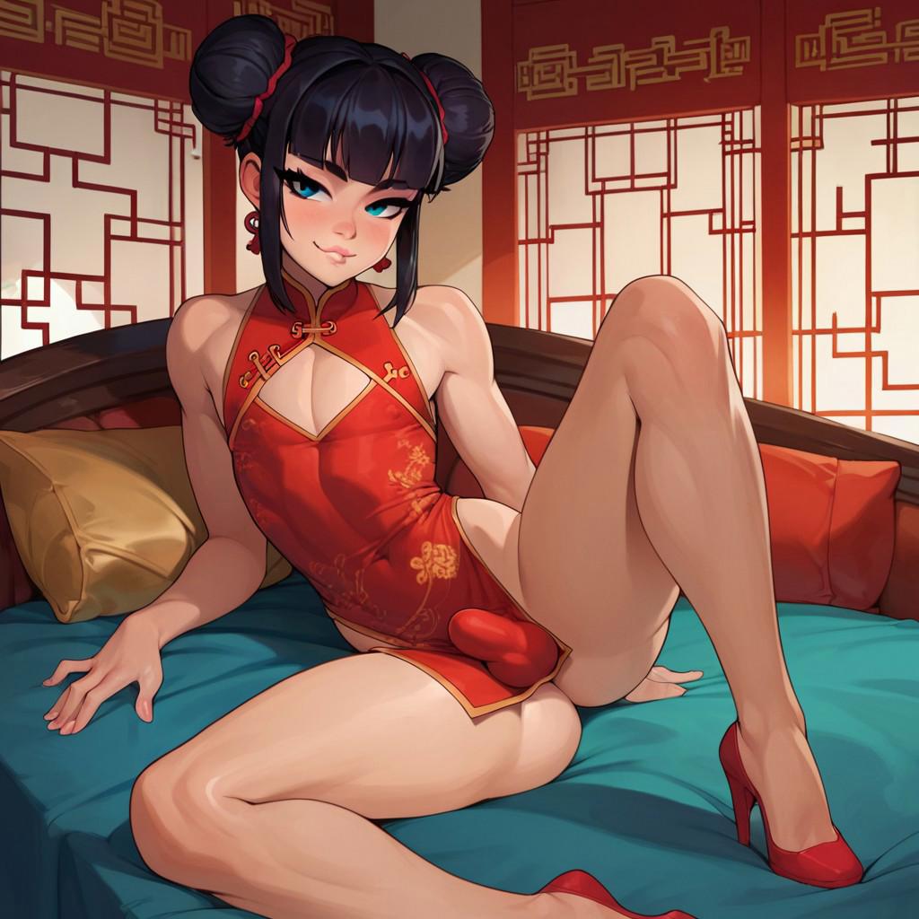 1boy, 1femboy, 2025, ai generated, alternate version available, blue eyes, blush, bulge, china dress, chinese clothes, crossdressing, dress, femboy, feminine male, girly, hair buns, hairbuns, lunar new year, male, pheobeai, red china dress, red dress, solo, thighs, trap