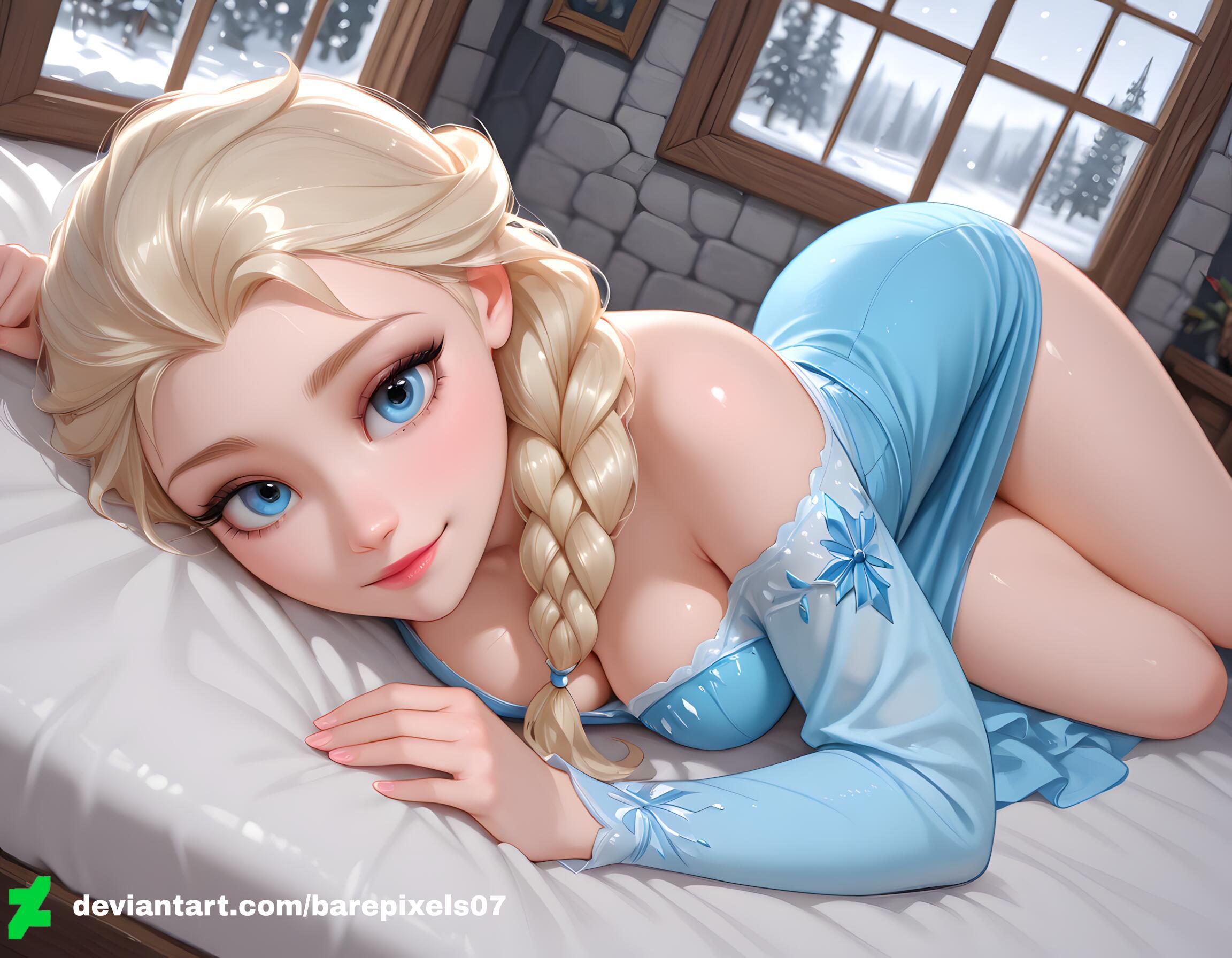 1girls, ai generated, ass, bare shoulders, barepixels07, blonde hair, blue dress, blue eyes, breasts, clothing, disney, disney princess, dress, elsa (frozen), female, frozen (film), grabbing, happy, laying, lazykiller07, long hair, looking at viewer, perfect body, red lips, red lipstick, seductive look, small breasts, smile, solo, thighs, watermark, wide hips