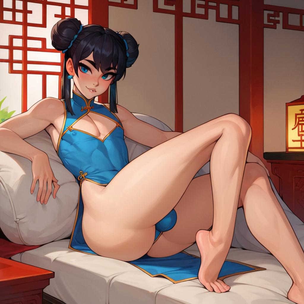 1boy, 1femboy, 2025, ai generated, alternate version available, blue china dress, blue dress, blue eyes, blush, bulge, china dress, chinese clothes, crossdressing, dress, femboy, feminine male, girly, hair buns, hairbuns, lunar new year, male, pheobeai, solo, thighs, trap