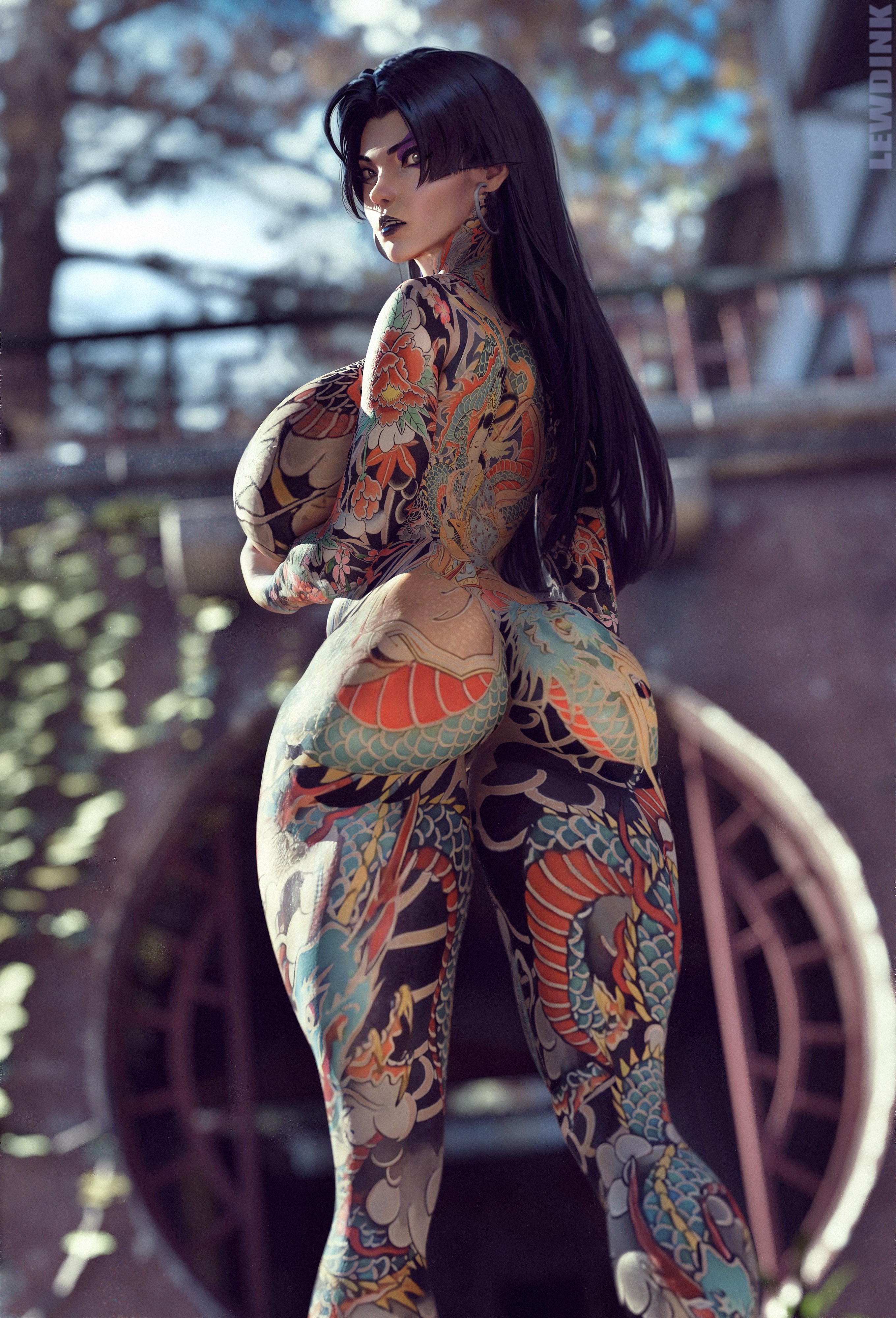1girls, 3d, ass, ass tattoo, back tattoo, big breasts, black hair, black lipstick, breasts, completely nude, earrings, facial tattoo, female, full-body tattoo, hime cut, hoop earrings, huge breasts, irezumi, large breasts, lewdink, long hair, marvel, marvel rivals, nude, nude female, psylocke, psylocke (marvel rivals), psylocke (sai) (vengeance), sideboob, solo, solo female, straight hair, tattoo, tattoos, tattoos everywhere, thick thighs, x-men, yakuza tattoo