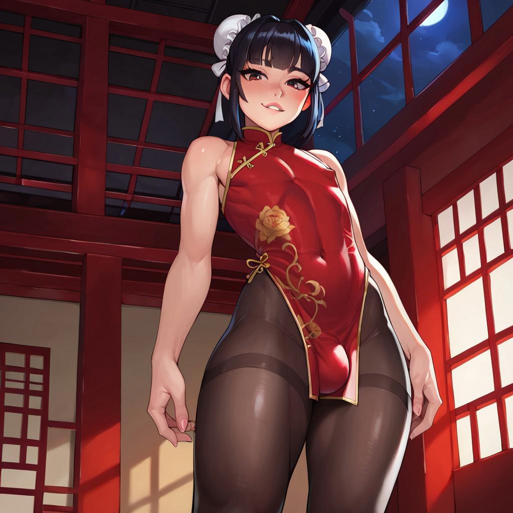 1boy, 1femboy, 2025, ai generated, alternate version available, black pantyhose, blue eyes, blush, bulge, china dress, chinese clothes, crossdressing, dress, femboy, feminine male, girly, hair buns, hairbuns, lunar new year, male, pantyhose, pheobeai, red china dress, red dress, solo, thick thighs, thighs, trap, wide hips