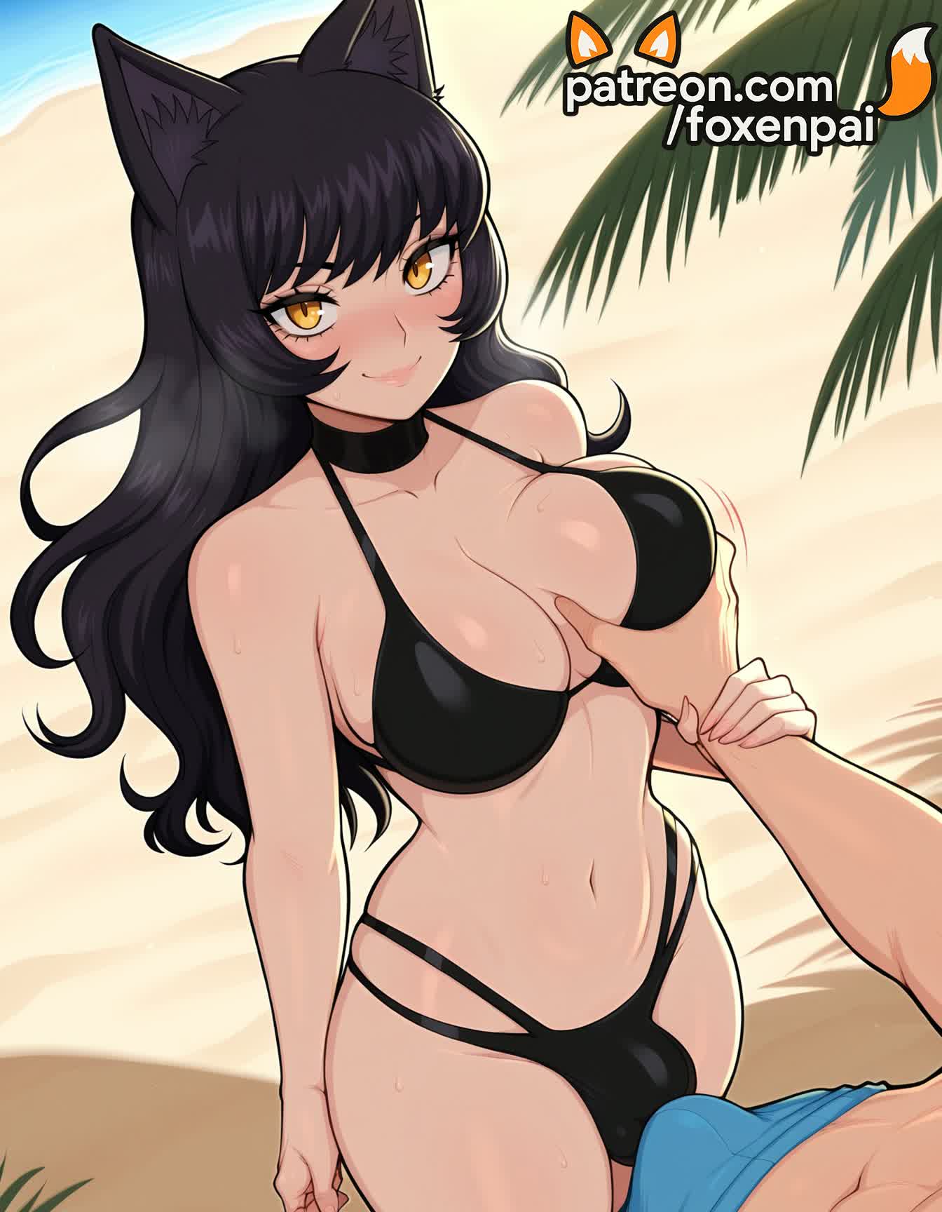 1boy, 1futa, 2025, ai generated, animal ears, artist name, beach, big breasts, big chest, bikini, black bikini, black choker, black hair, blake belladonna, blush, breast grab, breasts, bulge, bust, busty, chest, choker, day, erection, erection under clothes, foxenpai, futanari, grabbing, hi res, high quality, high resolution, highres, intersex, large breasts, long hair, male, navel, ocean, outdoors, palm tree, patreon, patreon username, rwby, sand, smile, stable diffusion, swimsuit, watermark, yellow eyes