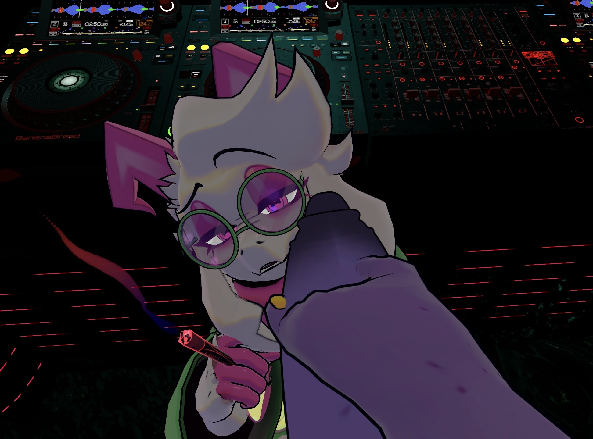 3d, anthro, big penis, club, cock on face, deltarune, femboy, furry, futanari, hand on penis, intersex, male, penis, ralsei, ralsei (cryptiacurves), ralsei with white fur, sabrean, smiling at viewer, smirk, smirking, smoking, susie (deltarune), vrchat, vrchat avatar