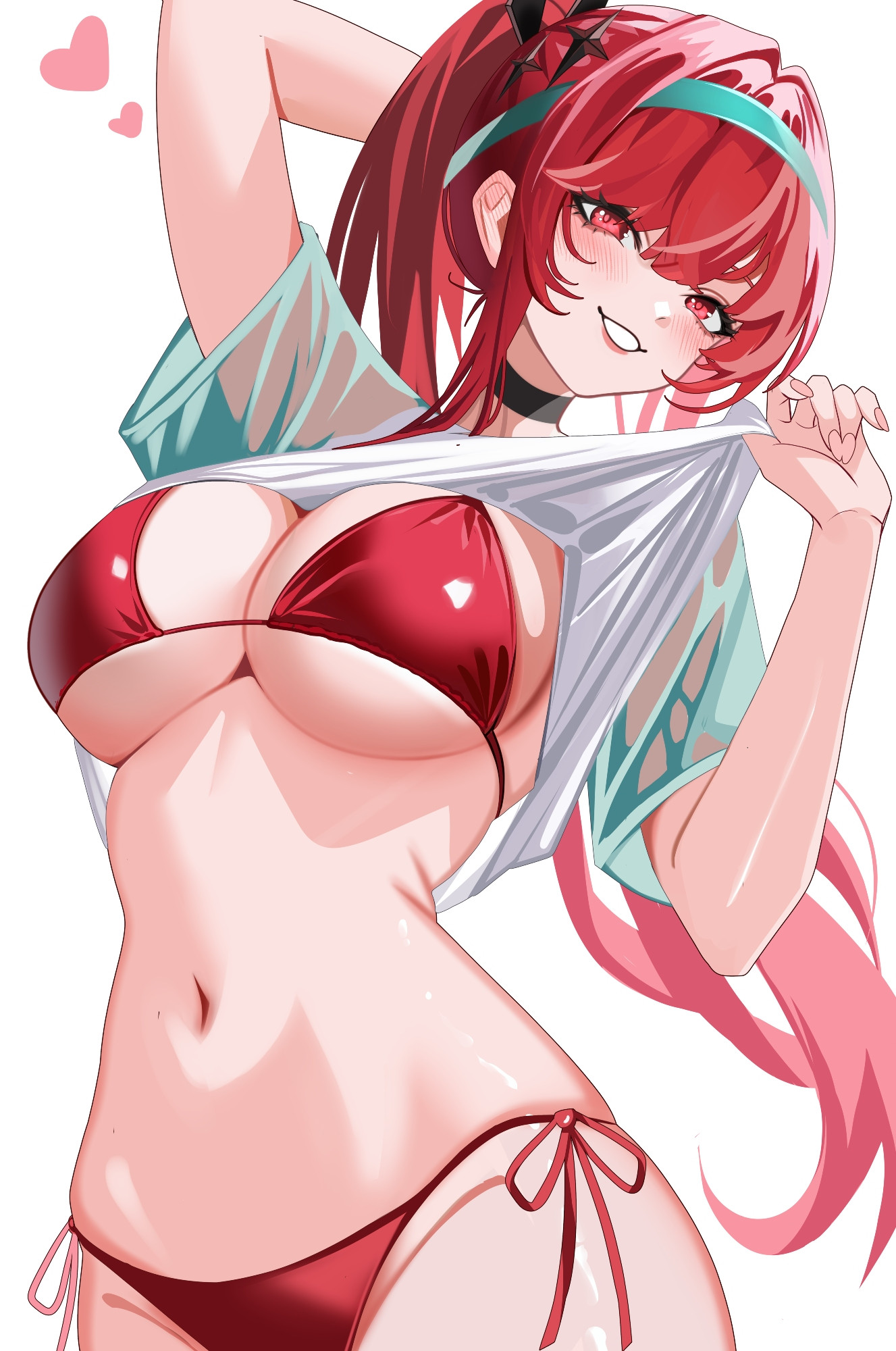 1girls, bikini, black choker, blue hairband, breasts, choker, clothes lift, commentary, english commentary, female, goddess of victory: nikke, hairband, heart, highres, large breasts, lifting own clothes, long hair, navel, rapi (nikke), rapi (red hood) (nikke), rapi (red hood) (red flavor) (nikke), red bikini, red eyes, red hair, revision, shirt, shirt lift, simple background, smile, solo, stomach, swimsuit, velmillix, very long hair, wet, wet clothes, wet shirt, white background, white shirt