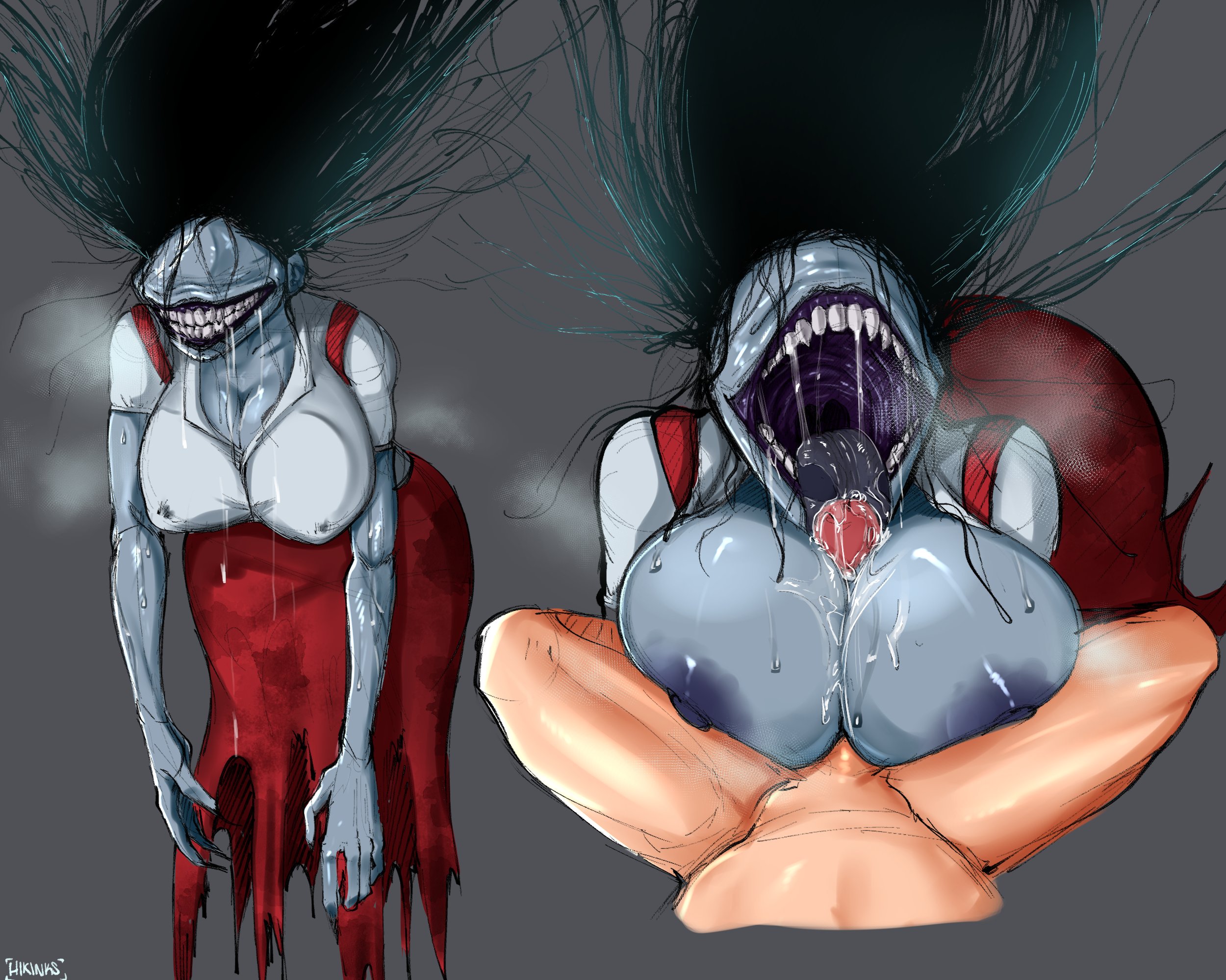 1boy, 1boy1girl, 1girls, 2022, black hair, blowjob, blue areola, blue skin, boobjob, boobs bang, breast sex, breasts, eyeless, eyeless female, fellatio, female, first porn of character, gaping maw, gaping mouth, ghost, ghost girl, ghostwire: tokyo, hikinks, horror, horror (theme), horror game, lamentation (ghostwire: tokyo), large mouth, large tongue, light skin, light-skinned female, light-skinned male, long hair, male, messy, messy hair, monster, monster girl, nightmare waifu, oral, oral sex, paizufella, paizuri, paizuri fellatio, pale skin, pale-skinned female, partial male, penis, purple gums, red dress, saliva, saliva on penis, sharp nails, sharp teeth, smile, titjob, tongue, tongue out, white shirt