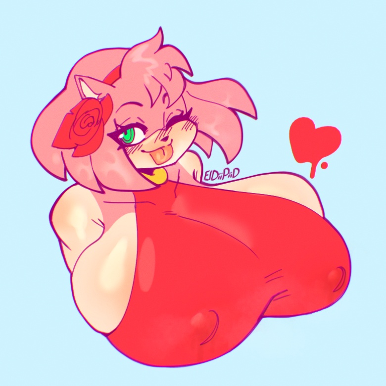 amy rose, breasts, busty, diipiid, female, furry, huge breasts, nipples visible through clothing, sega, sonic (series), tongue, tongue out