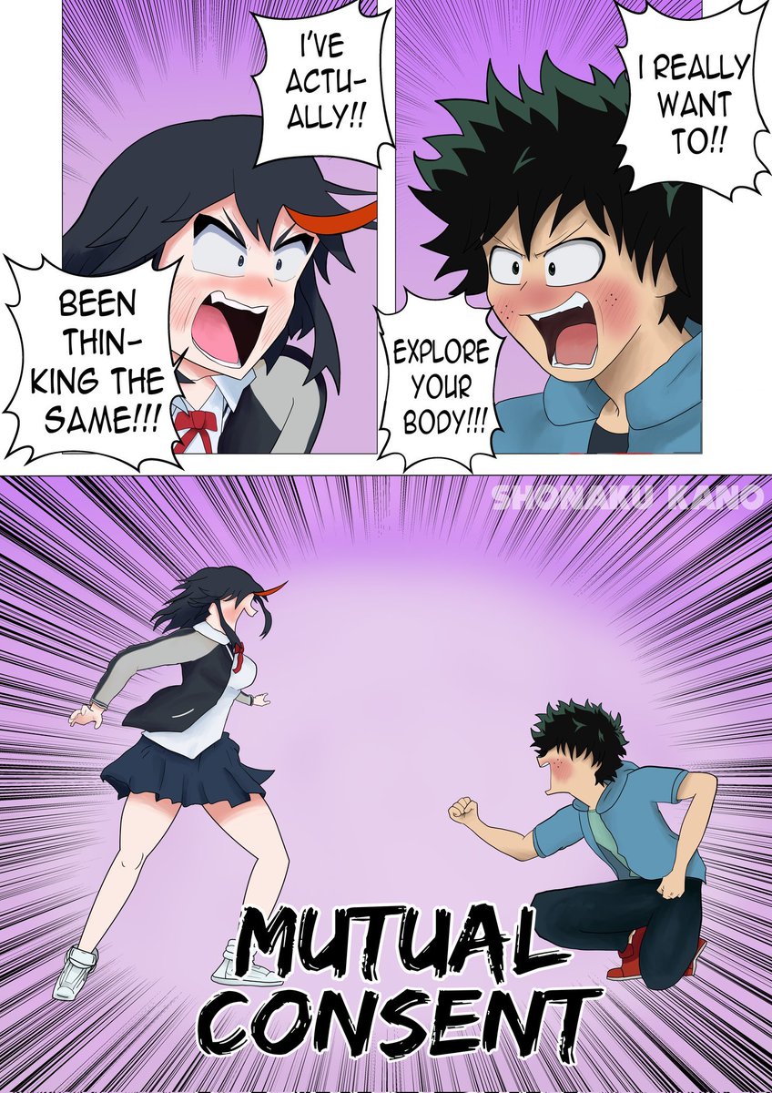 1boy, 1girls, 2d, black hair, black-haired female, boku no hero academia, consent, crack ship, crossover, crossover ship, crossover shipping, do chokkyuu kareshi x kanojo, enthusiastic consent, excited, female, fully clothed, funny, green-haired male, humor, imminent sex, izuku midoriya, just fuck already, kill la kill, kneeling, male, matoi ryuuko, my hero academia, schoolboy, schoolgirl, screaming, shonaku kano, speed lines, standing, studio trigger, teenager, tomboy, wholesome