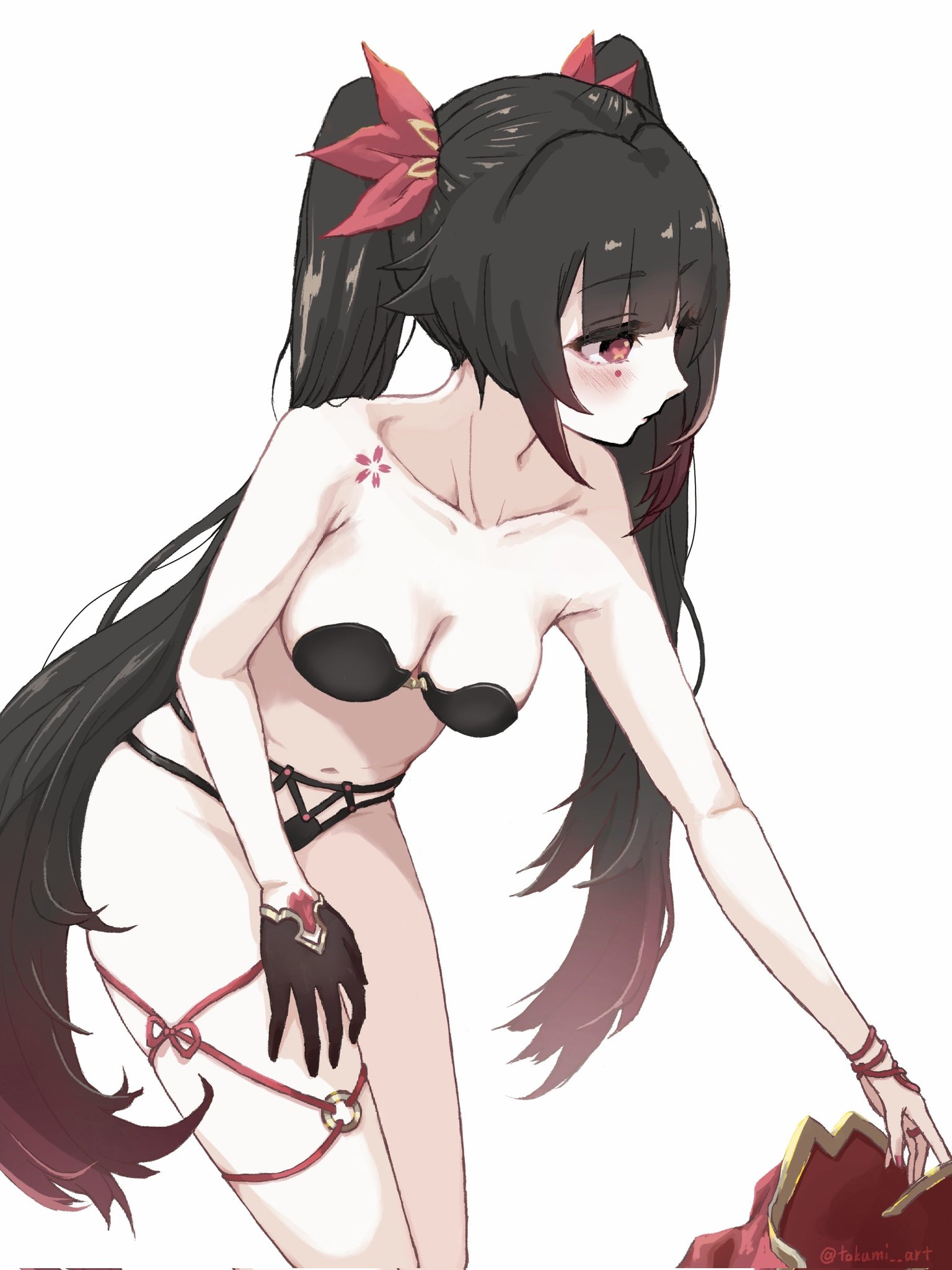 breasts, expressionless, female, from side, honkai: star rail, medium breasts, nail polish, red nails, sparkle (honkai: star rail), thighs, underwear, underwear only, undressing