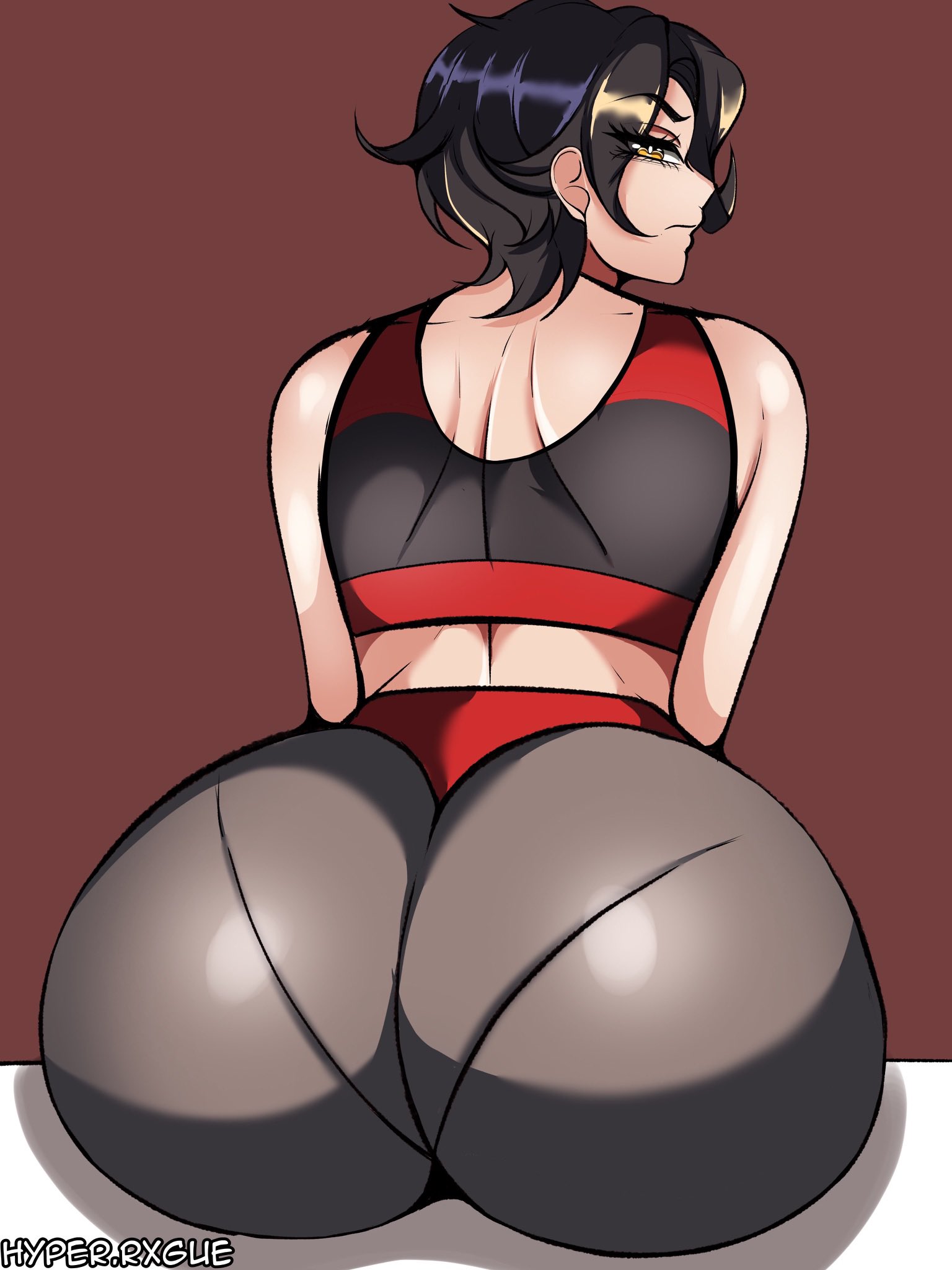 1girls, 2d, 2d (artwork), ass, ass focus, big ass, black hair, bottom heavy, cinder fall, clothing, crop top, fat ass, female, female only, gym clothes, huge ass, hyperrxgue, large ass, light-skinned female, looking at viewer, looking back, massive ass, pants, pantylines, phat ass, questionable, rwby, short hair, sitting, solo, thick ass, thick thighs, wide hips, yellow eyes, yoga pants