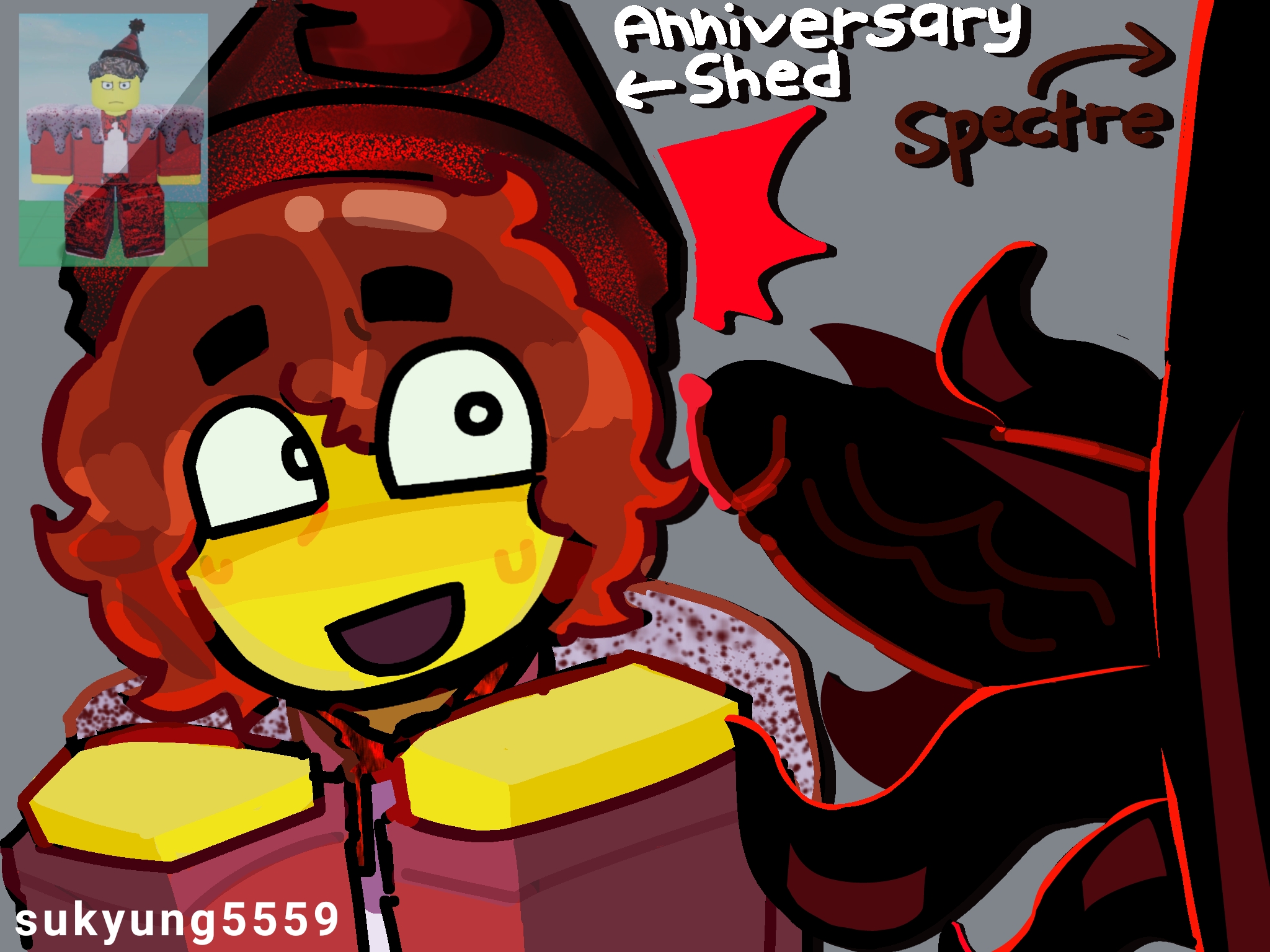 2boys, anniversary shedletsky (forsaken), artist name, blocky body, brown hair, character name, dripping penis, forsaken (roblox), fully clothed, gay, male only, nervous, penis, penis in front of face, reference image, roblox, roblox game, robloxian, self upload, shedletsky, shedletsky (forsaken), sukyung5559, sweat, tentacle, text, the spectre (forsaken), watermark, yellow skin