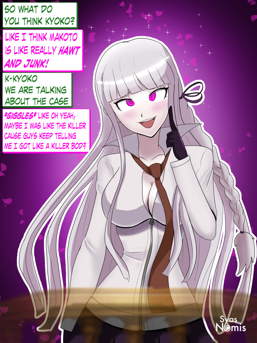 1girls, big breasts, bimbo, bimbofication, blush, breasts, cleavage, crossed eyes, danganronpa, dialogue, english text, female, female only, femsub, humor, hypnosis, kirigiri kyouko, long hair, mind control, pink eyes, pink hair, ring eyes, syas-nomis, text, white hair