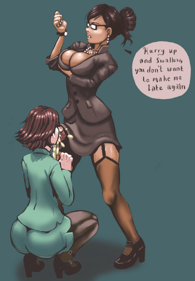 1futa, 1girls, ass, big ass, big breasts, big penis, breasts, brown hair, clothes, cum, cum drip, cum inside, cum on face, cum shot, cumshot, fellatio, female, futa on female, futanari, garter belt, glasses, hair, intersex, large breasts, light skin, office lady, oral, penis, tan, tan skin, text, tights
