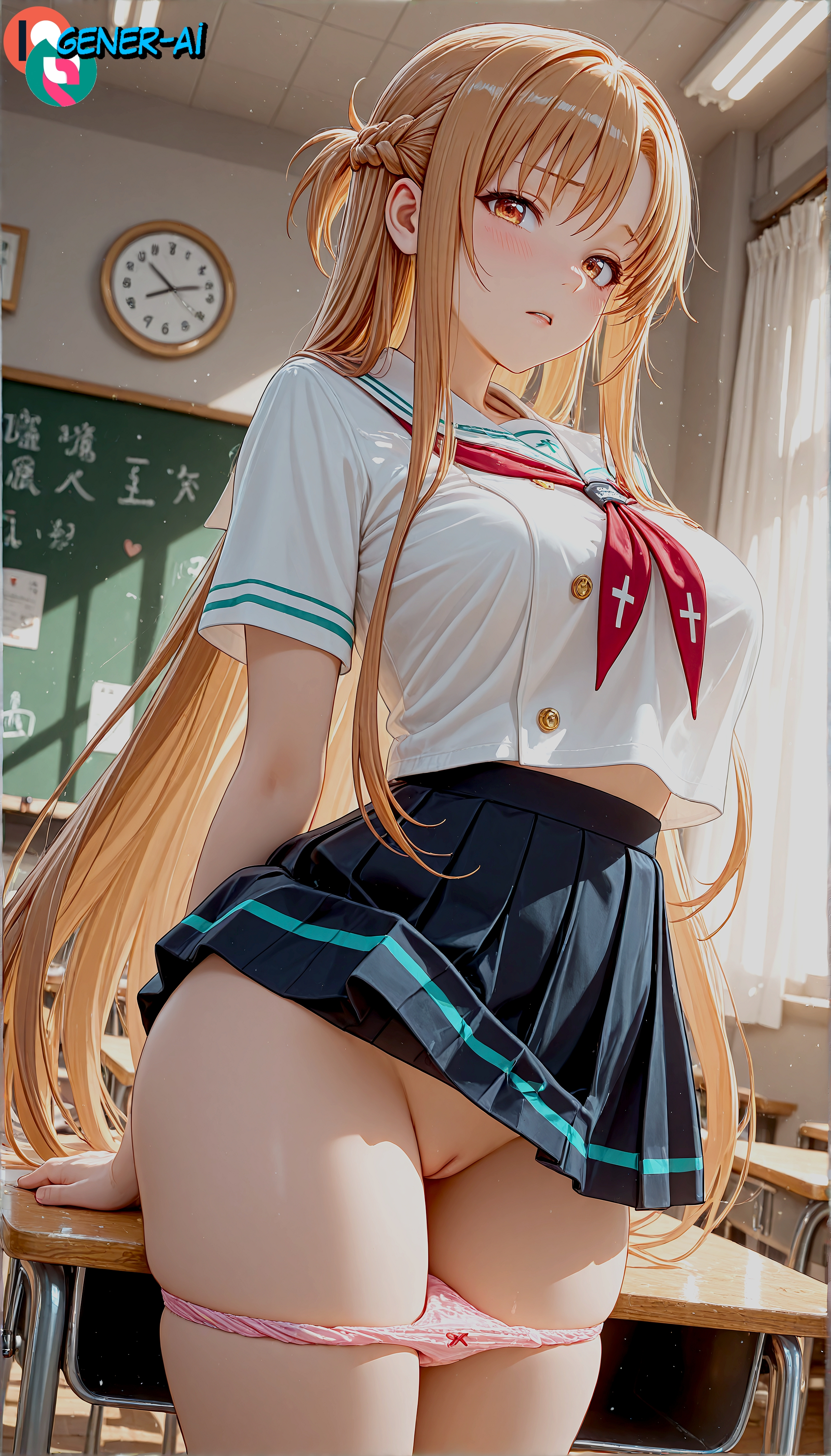 ai generated, arms behind back, bangs, black skirt, blush, braid, breasts, brown eyes, brown hair, chalkboard, classroom, cleft of venus, clock, clothes lift, commentary request, commission, cowboy shot, curtains, desk, female, gener-ai, indoors, large breasts, long hair, looking at viewer, miniskirt, neckerchief, orange eyes, panties, panty pull, parted lips, patreon, pink panties, pleated skirt, promotional art, pussy, red neckerchief, request, sailor collar, school uniform, serafuku, shirt, short sleeves, skindentation, skirt, skirt lift, solo, standing, sword art online, thighs, uncensored, underwear, very long hair, white sailor collar, white shirt, window, yuuki asuna