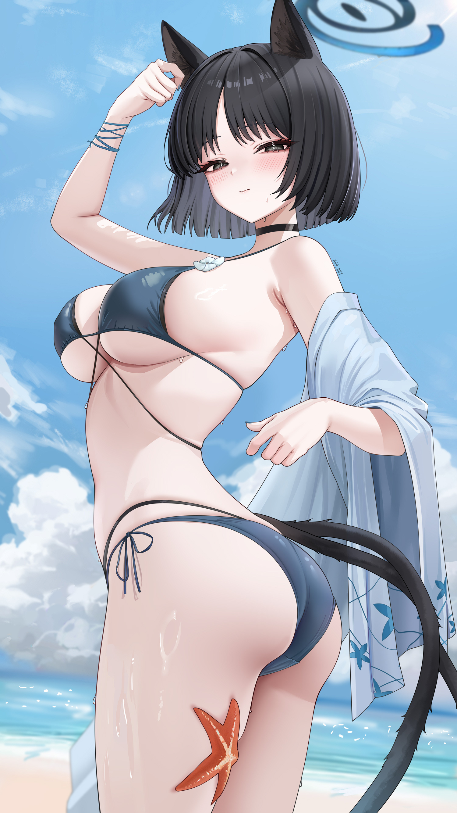 abp art, abpart, absurdres, animal ears, arm up, ass, bare shoulders, beach, bikini, black choker, black eyes, black hair, blue archive, blue bikini, blue halo, blush, breasts, choker, closed mouth, commentary, female, from behind, halo, highres, kikyou (blue archive), kikyou (swimsuit) (blue archive), large breasts, looking at viewer, looking back, multi tail, multi-strapped bikini bottom, ocean, off shoulder, official alternate costume, outdoors, paid reward available, short hair, side-tie bikini bottom, solo, starfish, swimsuit, symbol-only commentary, tail, thighs, underboob, water, wet