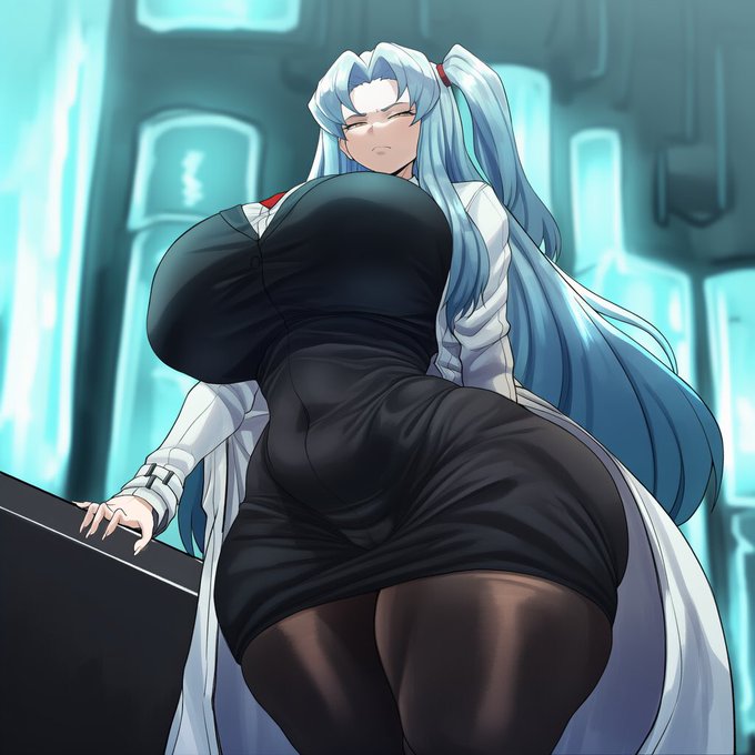 1girls, ai generated, angela (lobotomy corporation), belly button, big ass, big breasts, blue hair, breasts, cinderhee, clothed, clothing, curvy, curvy figure, female, female only, labcoat, lobotomy corporation, machine, office lady, pale skin, pale-skinned female, ponytail, project moon, robot, robot girl, very long hair, very pale skin, yellow eyes