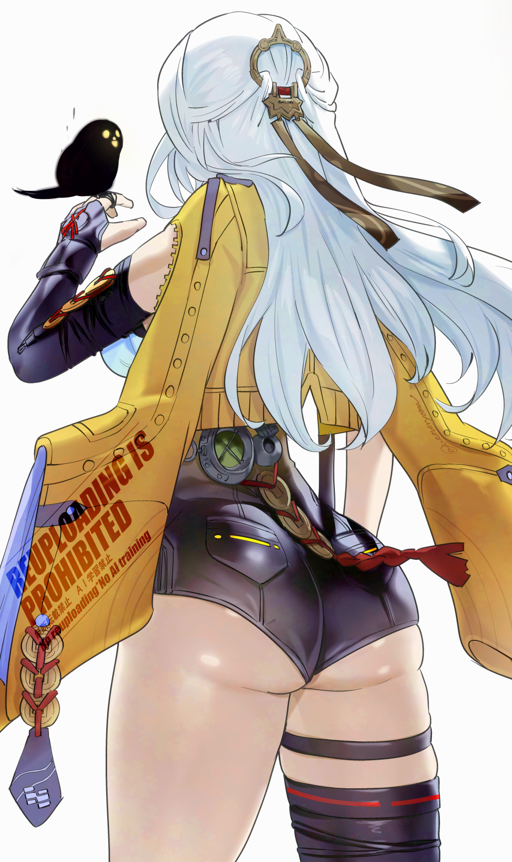 1girls, ass, ass focus, ass hanging out of shorts, asymmetrical gloves, back, big ass, big breasts, bird, black gloves, black shorts, black thighhighs, breasts, elbow gloves, female, female only, fingerless gloves, gloves, high-waist shorts, highres, huge ass, large breasts, light-skinned female, long hair, shirt, short shorts, shorts, single thighhigh, solo, thighhighs, thighs, uenoryoma, white hair, white shirt, yixuan (zenless zone zero), zenless zone zero