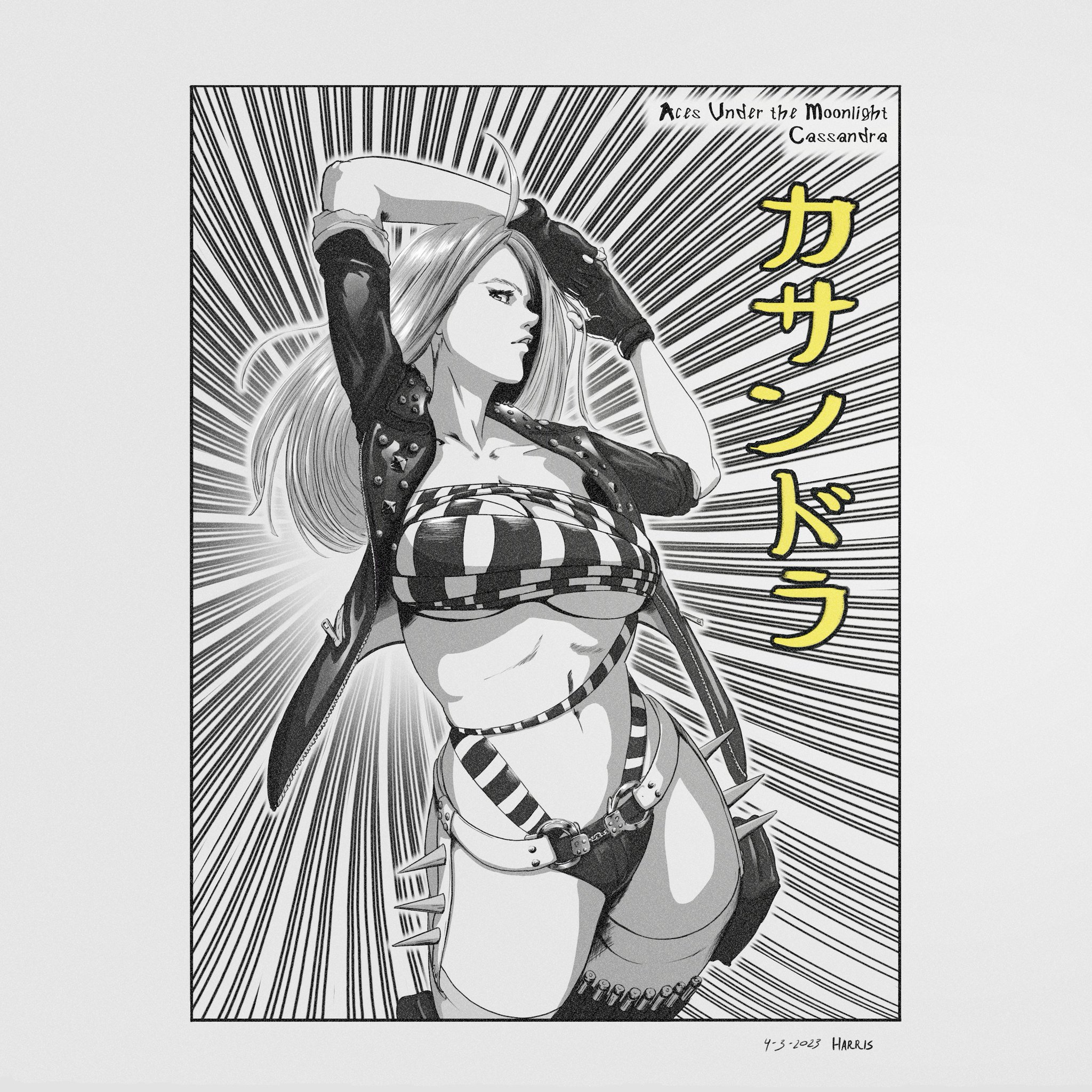 1girls, aces under the moonlight, beanie hat, belt, blue hair, body tape, booty shorts, bullet, cassandra (aces under the moonlight), creationinferno, female, fingerless gloves, handcuffs, hime cut, indie game, jacket, leg band, long hair, manga style, official art, punk, punk female, short shorts, skimpy, skimpy clothes, spiked thighband, tomboy