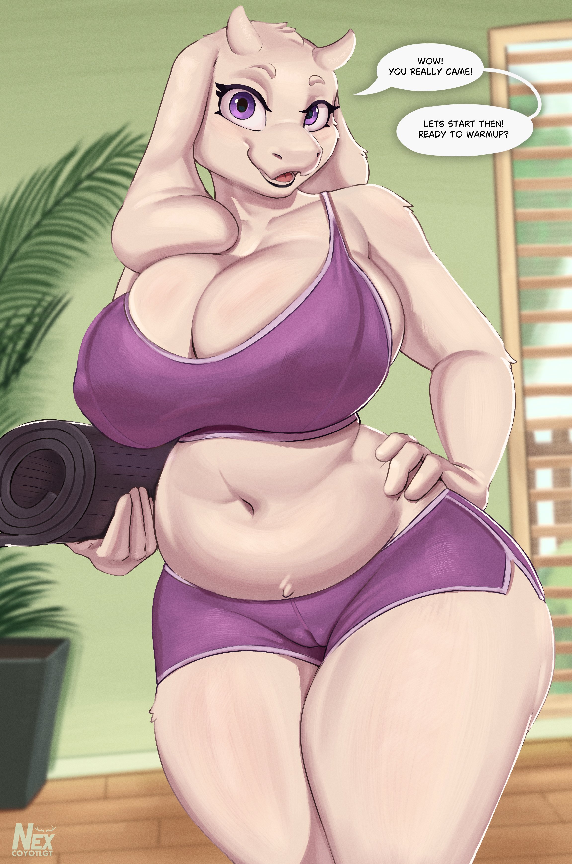1girls, absurd res, anthro, anthrofied, big breasts, bovid, bovine, breasts, breasts bigger than head, busty, cameltoe, caprine, clothed, clothing, dialogue, digital media (artwork), english text, eyebrows, eyelashes, female, female focus, female only, fur, furry, goat, hi res, huge breasts, looking at viewer, mammal, mature anthro, mature female, milf, nexcoyotlgt, nipple outline, plump, purple eyes, pussy, slightly chubby, slightly chubby female, solo, speech bubble, text, thick thighs, tight clothing, topwear, toriel, twitter link, undertale, undertale (series), video games, voluptuous, voluptuous female, white body, white fur, white skin, wide hips