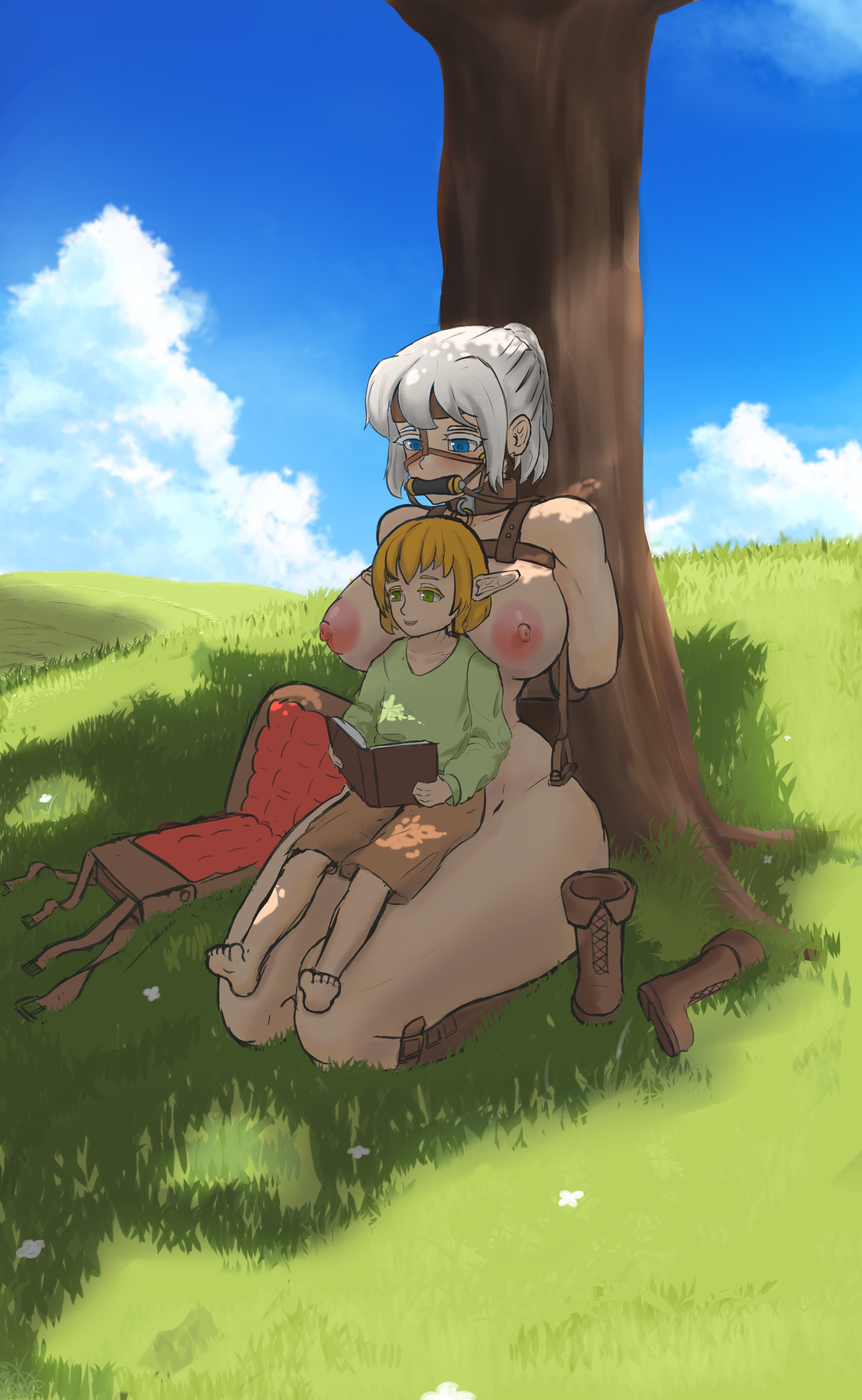 1boy, 1girls, arms behind back, big sub small dom, bit gag, blue eyes, blue sky, bondage, bound, breasts, breasts out, clothed male, clothed male nude female, collar, female, femsub, gag, gagged, grass, halfling, halfling male, harness, human, human chair, human female, human furniture, large breasts, larger female, leaning back, liem, male, maledom, nude, nude female, outdoors, png, pony girl, ponygirl, ponyplay, reading, reading book, relaxing, sitting, sitting on another, sitting on lap, sitting on person, size difference, slave, slave girl, small dom big sub, smaller male, submissive female, taller female, tree, used as an object, white hair