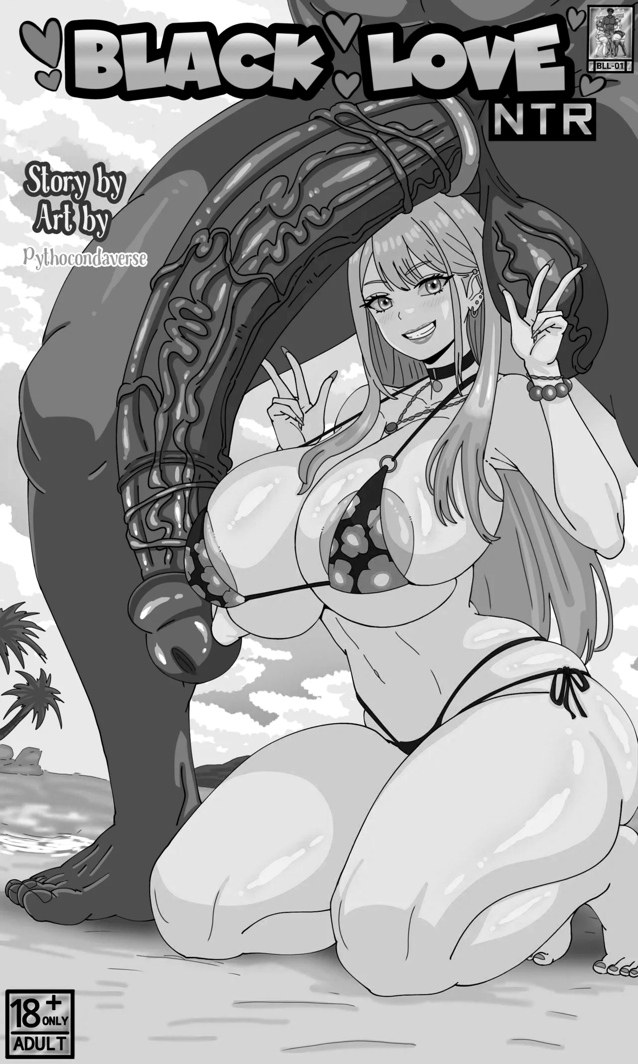 1boy, 1girls, balls, beach, black love, blush, breasts, cuckolding, dark-skinned male, female, huge cock, interracial, kitagawa marin, kneeling, looking at viewer, male, manga, ntr, penis, pythoconda art (pythocondaverse), pythocondaverse, sono bisque doll wa koi wo suru, testicles, uncensored, veiny penis
