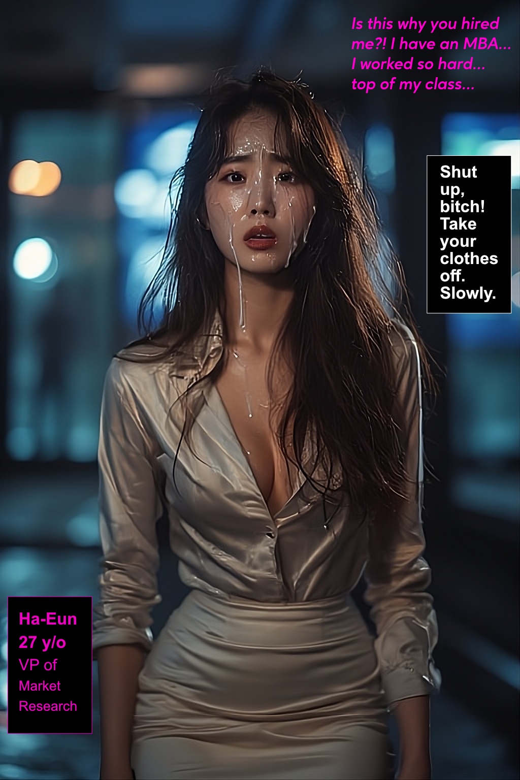 after blowjob, after fellatio, ai assisted, ai generated, anxious, asian female, breasts, cum, cum leaking out of mouth, cum on body, cum on breasts, cum on face, cum on hair, female, female focus, female only, fucked into submission, imminent penetration, imminent sex, korean female, makeup, misogynistic, misogyny, office attire, office lady, pencil skirt, questionable consent, secretary outfit, sexy, text, work attire, working girl, worried expression
