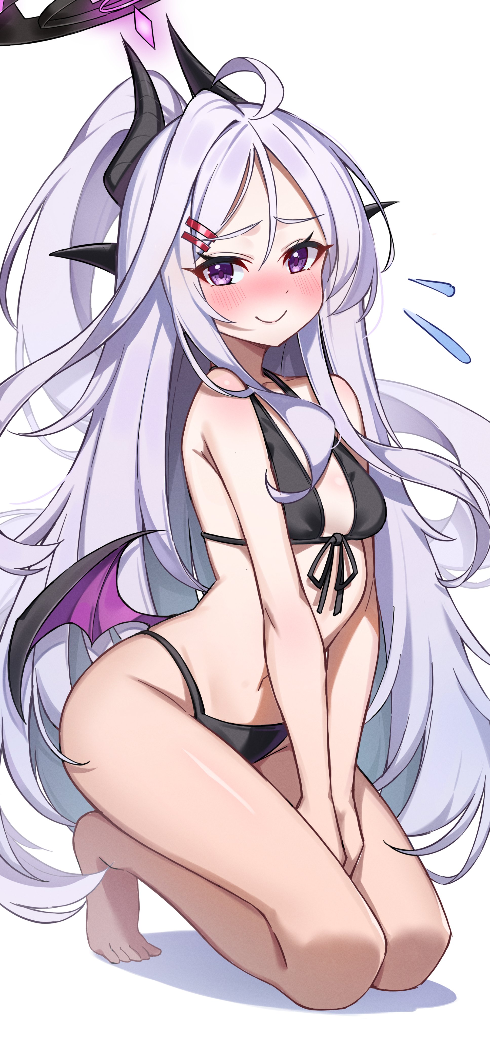 barefoot, black bikini, blue archive, blush, closed mouth, embarrassed, flying sweatdrops, full-face blush, gehenna academy student, hina (blue archive), kneeling, looking at viewer, nervous, nervous smile, prefect team (blue archive), smile, swimsuit