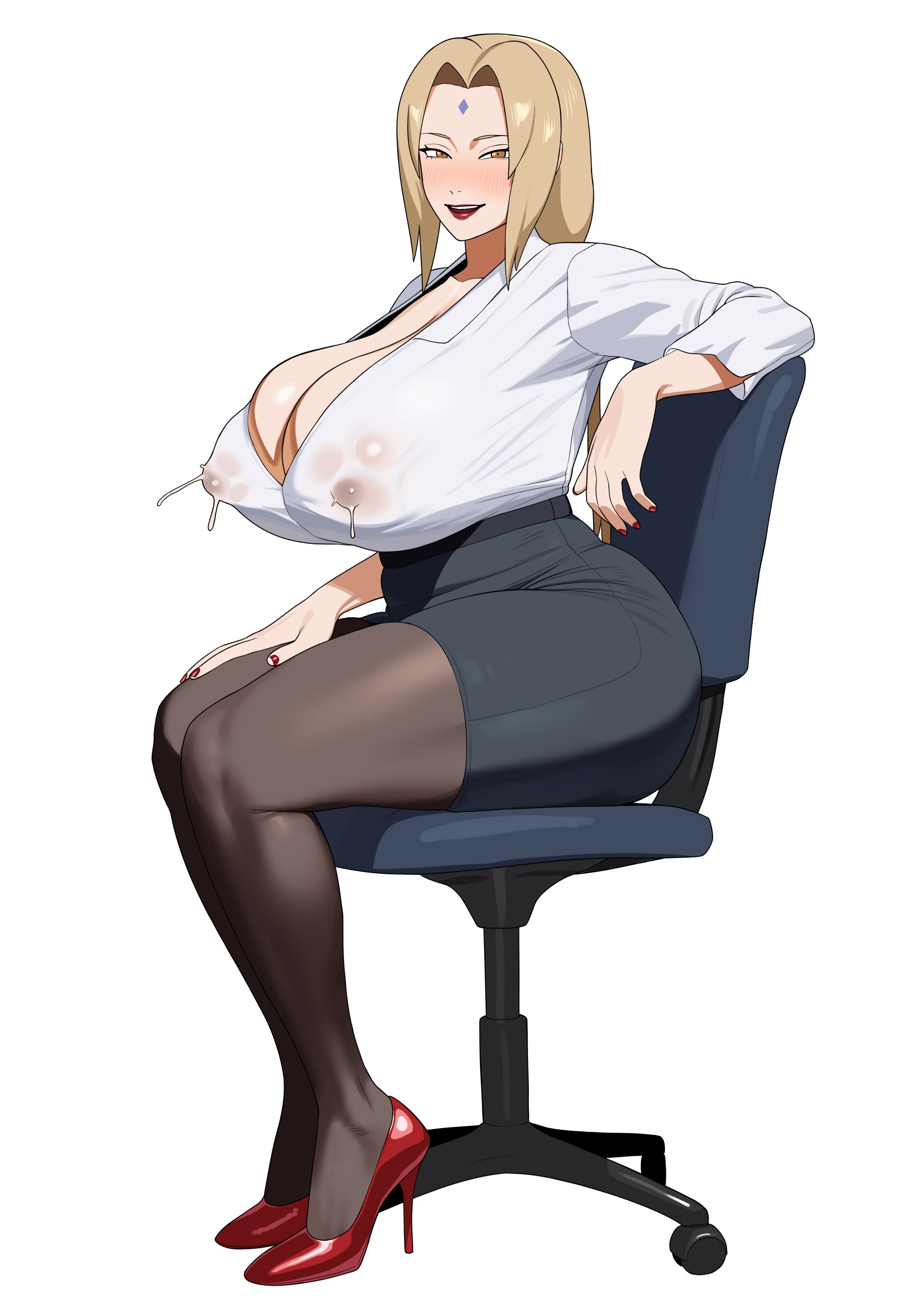1girls, big ass, big breasts, blonde hair, chair, high heels, huge breasts, lactating nipples, lactation through clothes, large breasts, long hair, misogynistic, misogyny, nakge06, naruto (series), nipples, nipples visible through clothing, office lady, office lady outfit, red high heels, tsunade, uniform