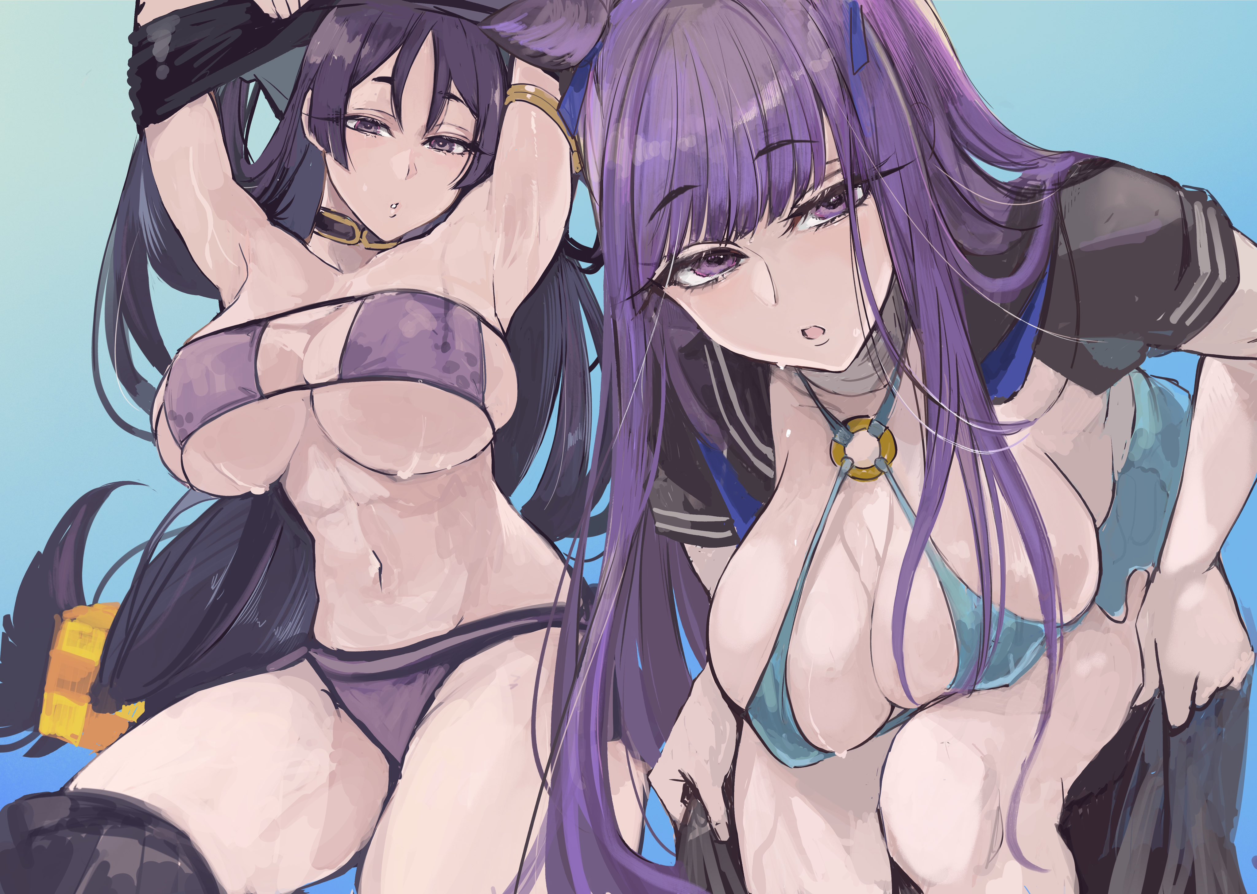 :o, 2girls, dot mouth, ebichannoshippo, fate (series), fate/grand order, half-closed eyes, huge breasts, looking at viewer, minamoto no raikou (fate/grand order), multiple girls, murasaki shikibu (fate), naughty face, swimsuit, undressing