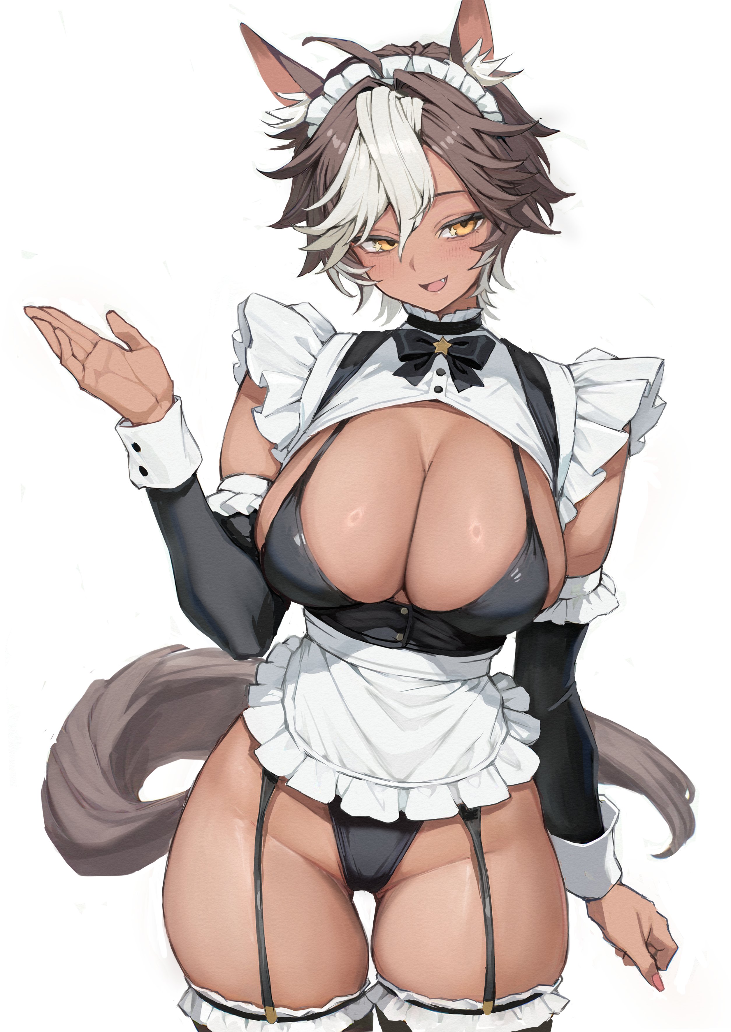big breasts, blush, bowtie, breasts, breasts bigger than head, brown hair, cleavage, cleavage overflow, cute fang, female, female focus, female only, horse ears, horse girl, horse tail, leotard, maid, maid headdress, maid outfit, maid uniform, multicolored hair, oerba yun fang, open mouth, revealing clothes, short hair, solo, solo female, solo focus, stars in eyes, tanned, tanned female, tanned skin, thick thighs, thighhighs, thighs, torisanff14, umari tomoe, uniform, virtual youtuber, white hair, yellow eyes