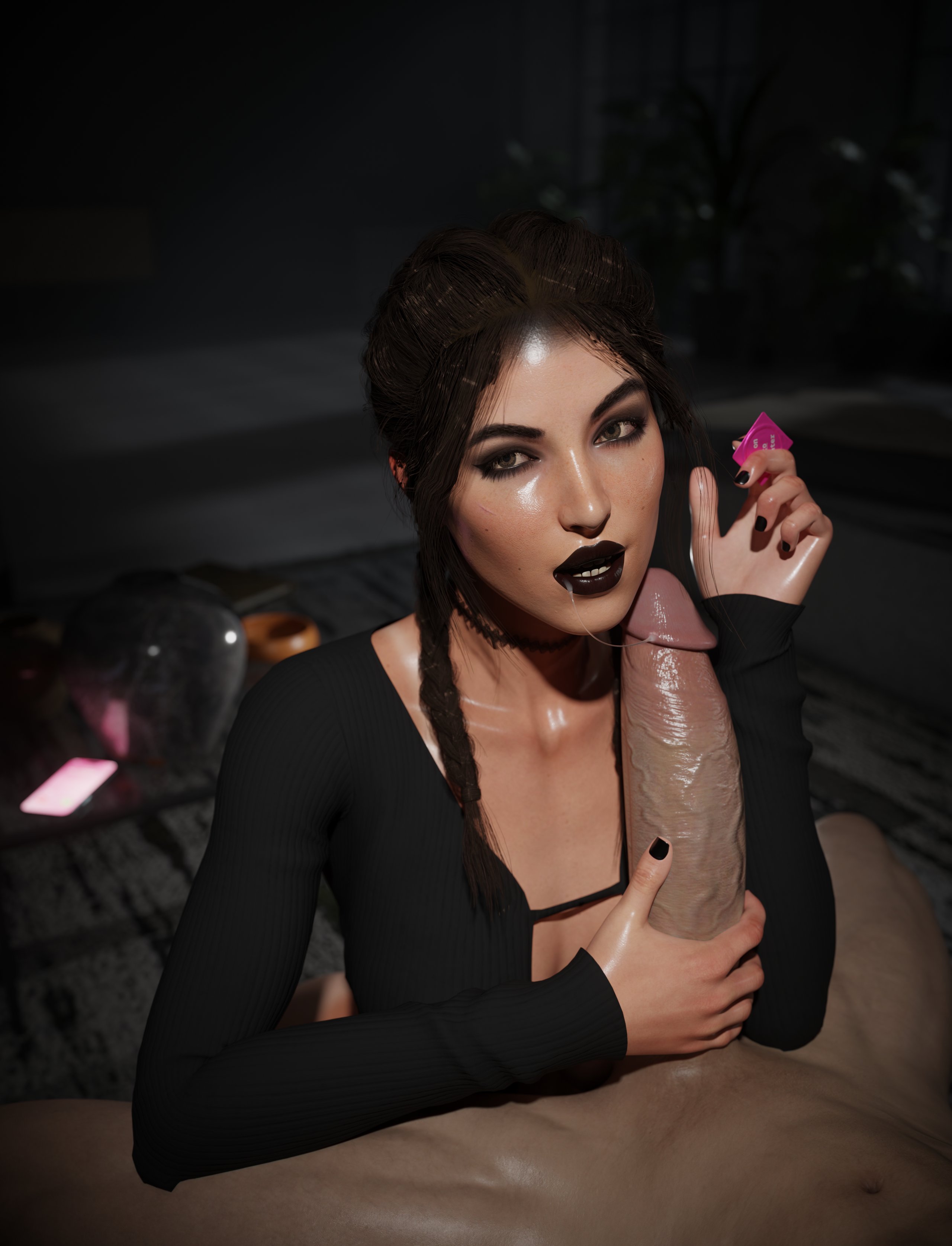 1boy, 1girls, black lipstick, erect penis, erection, female, female focus, lara croft, lara croft (survivor), male, penis, saliva, saliva string, saliva trail, sex, tagme, tomb raider, tomb raider (survivor), ximiral