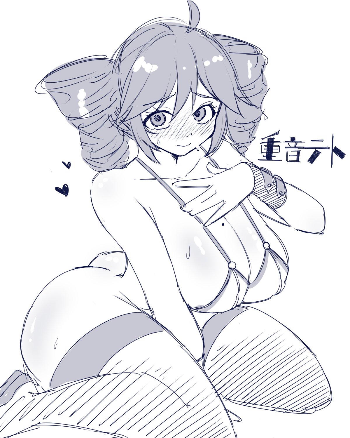1girls, 2d, 2d (artwork), ahoge, ass, ass visible from the front, big ass, big breasts, big butt, bikini, bikini top, black and white, blush, blush lines, blushing, blushing female, blushing profusely, bottomless, breasts, character logo, cleavage, curvaceous, curvy, curvy female, curvy figure, detached cuffs, embarrassed, embarrassed female, eyelashes, fat ass, fat breasts, fat thighs, female, female only, greyscale, hand on chest, heart, heart symbol, hearts, huge ass, huge breasts, kasane teto, kasane teto (sv), large ass, large breasts, logo, looking at viewer, no underwear, oshijuu748, plump, plump ass, plump breasts, plump thighs, round ass, simple background, sitting, sitting on floor, solo, solo female, sweat, sweatdrop, sweating, synthesizer v, thick ass, thick thighs, thighhighs, thighs, twin drills, utau, voluptuous, voluptuous female, w sitting, wariza, white background, wide hips