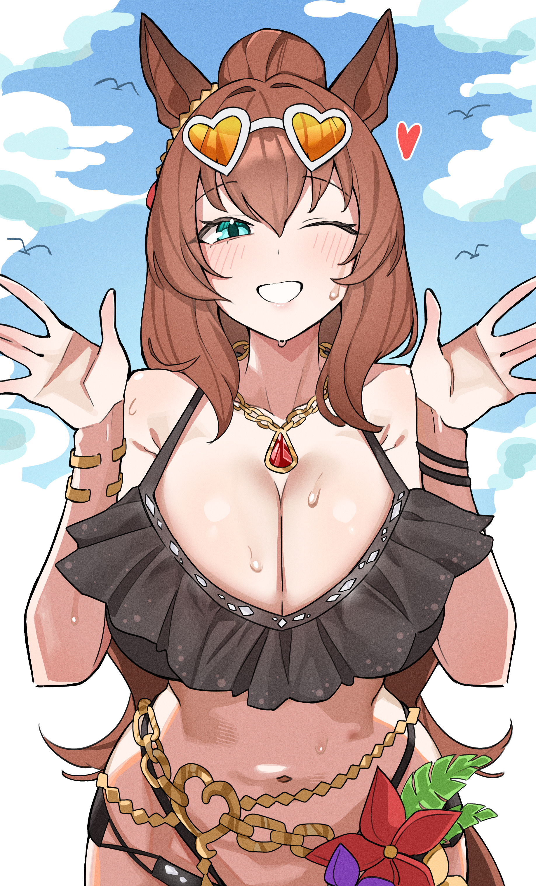 artist request, big breasts, breasts, brown hair, cleavage, eyewear on head, hair, horse girl, long hair, maruzensky (umamusume), sunglasses, tagme, umamusume