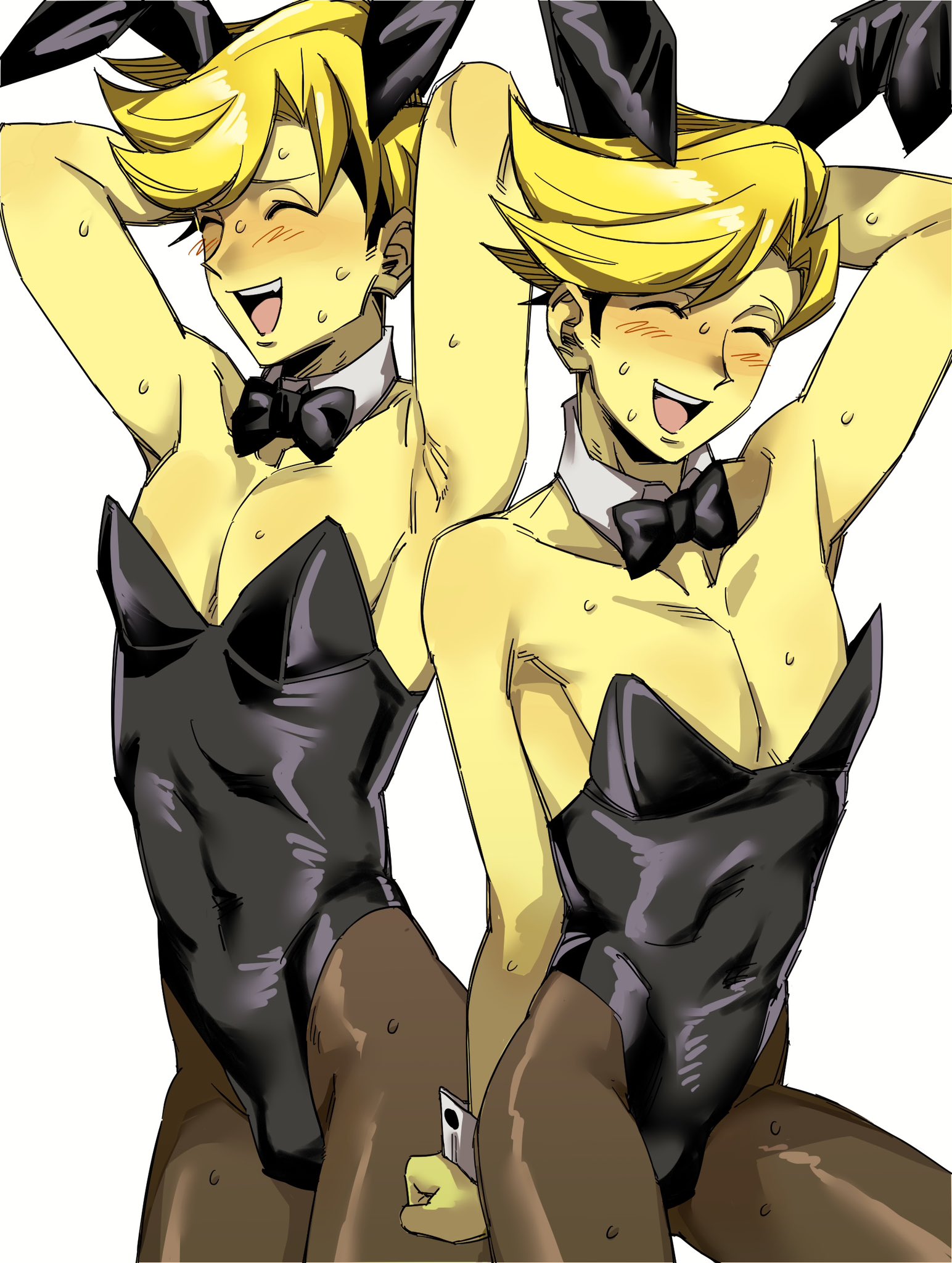 bulge, bunnysuit, closed eyes, deltarune, flowery, male only, rororo, sweat, undertale (series), yellow skin