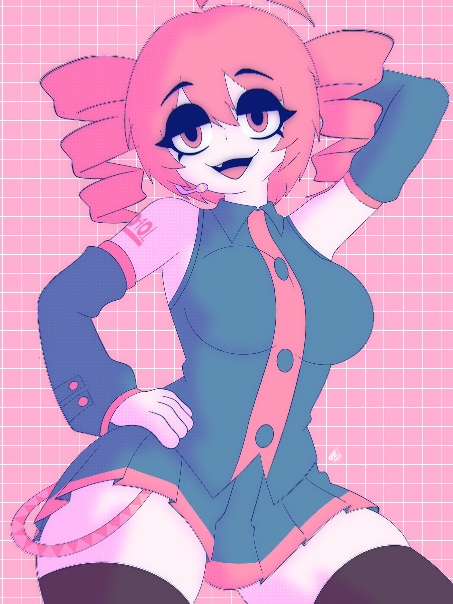 :3, 1girls, 2d, 2d (artwork), absolute territory, arm tattoo, big breasts, big thighs, breasts, clothed, clothed female, clothing, curvaceous, curvy, curvy female, curvy figure, detached sleeves, eyeshadow, fang, fangs, fat thighs, female, female only, fully clothed, goofy horns, half-closed eyes, hand on hip, hands behind head, huge thighs, kasane teto, large breasts, large thighs, looking at viewer, miniskirt, one hand on hip, open mouth, pink background, pink hair, plump thighs, posing, seductive, seductive look, seductive pose, seductive smile, sexy pose, sfw, simple background, skindentation, skirt, slim waist, solo, solo female, tattoo, thick thighs, thighhighs, thighs, utau, voluptuous, voluptuous female, wide hips, zettai ryouiki