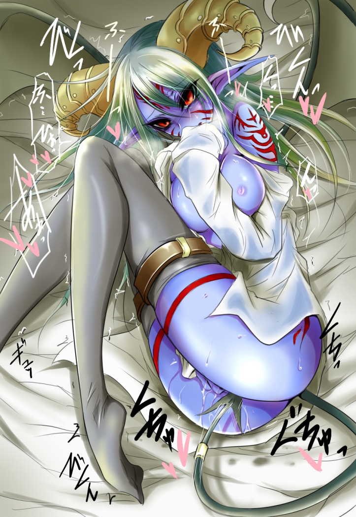 blue_skin blush breasts demon_girl female green_hair masturbation monster_girl pointy_ears red_eyes solo tail tail_masturbation thighhighs turnamoonright