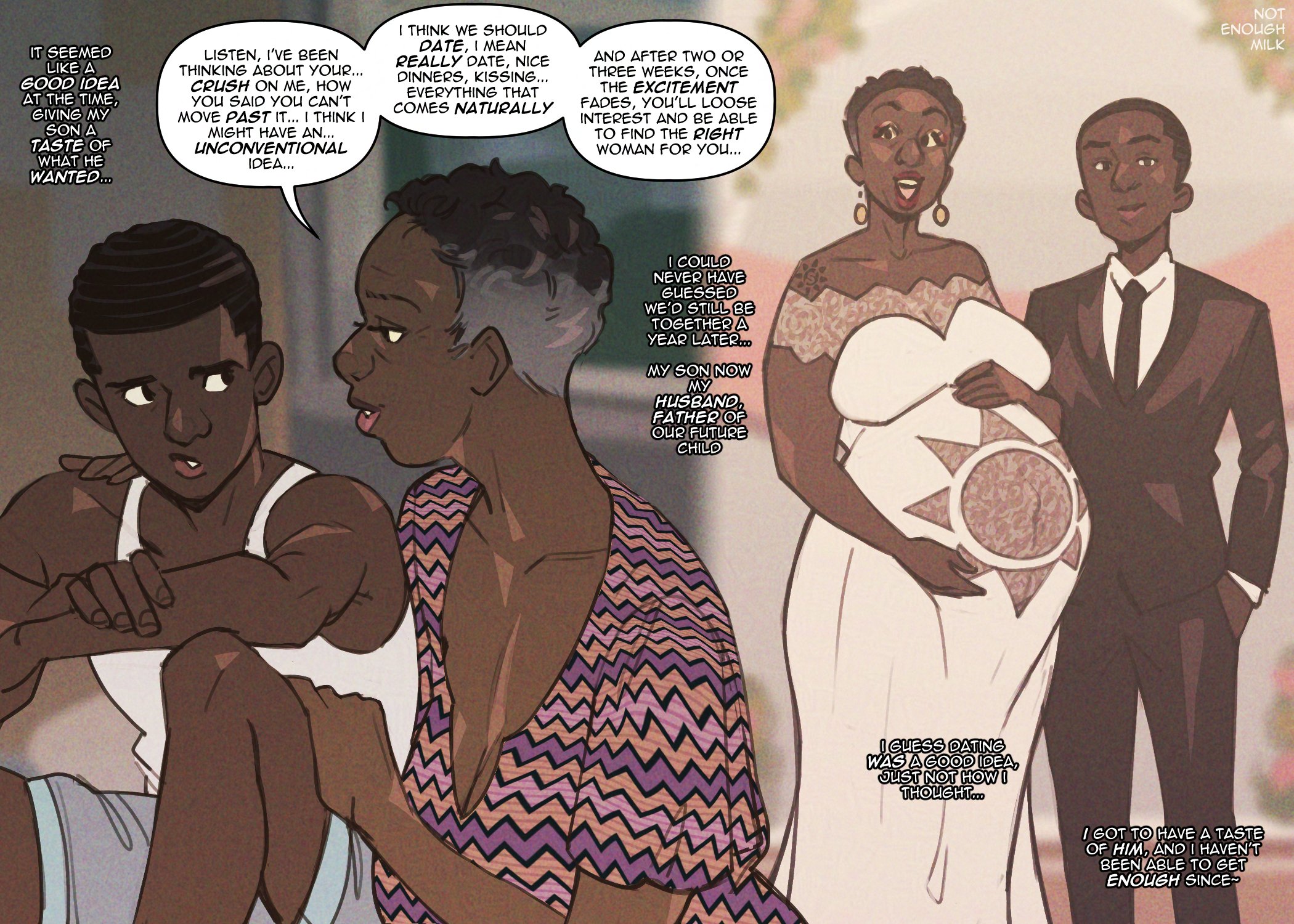 1boy, 1boy1girl, 1girls, age progression, before and after, bride, dark skin, dark-skinned female, dark-skinned male, duo, english text, happy ending, hetero, inbreeding, incest, incest pregnancy, milf, mother and son, not enough milk (artist), pregnant, pregnant belly, red lipstick, suit, text
