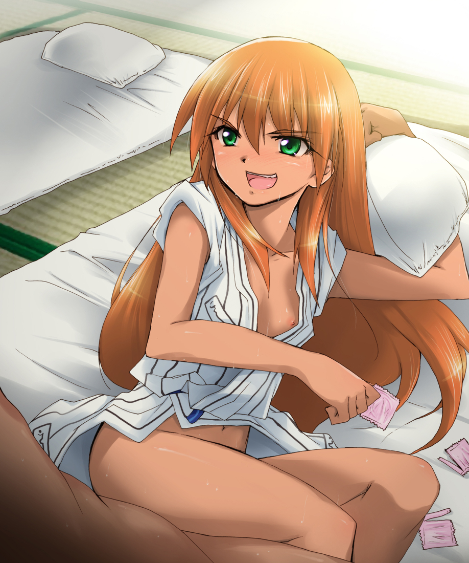 akai_homura condom_wrapper faceless_male futon green_eyes japanese_clothes kaiga kimono long_hair open_clothes open_kimono orange_hair pillow sex sweat tokimeki_memorial tokimeki_memorial_2