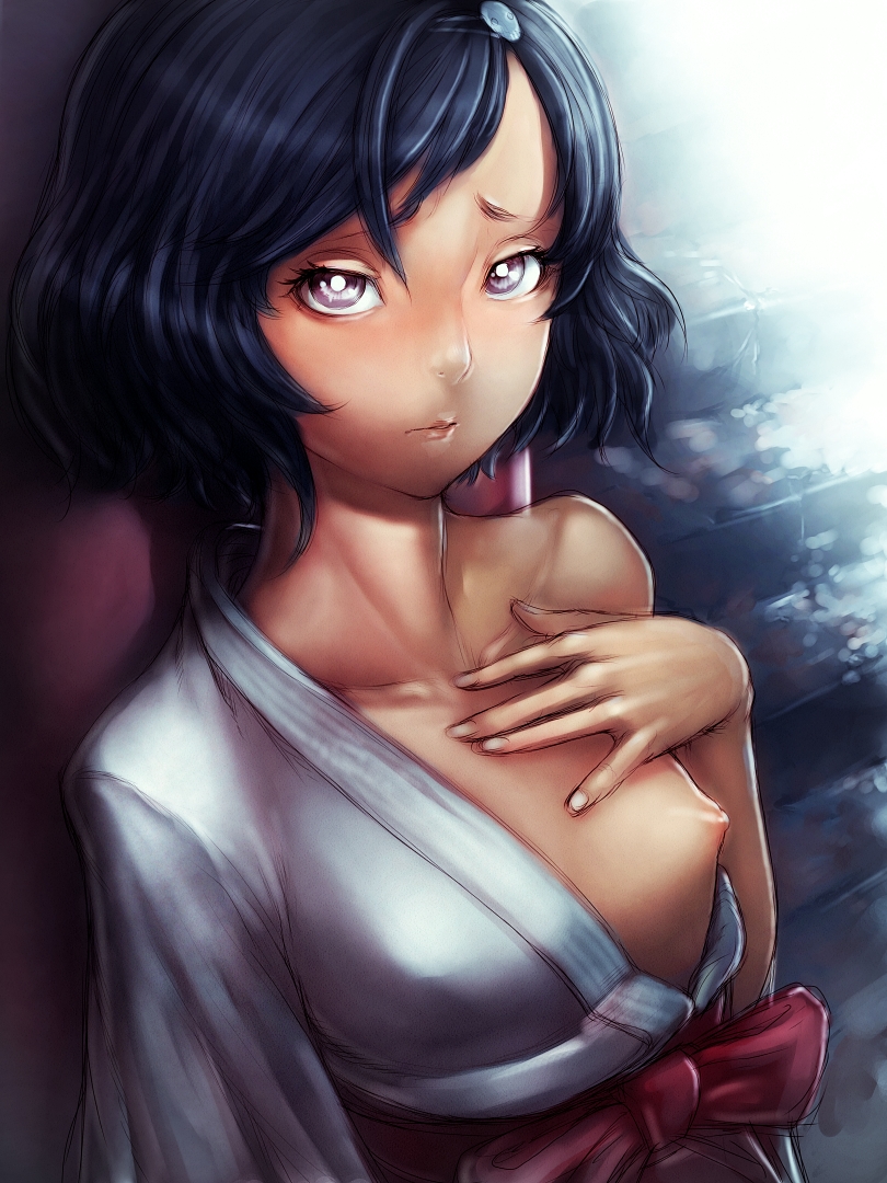 1girls black_hair breasts female hakama looking_at_viewer miko nipples rule_63 short_hair steins;gate tagme urushibara_luka urushibara_ruka