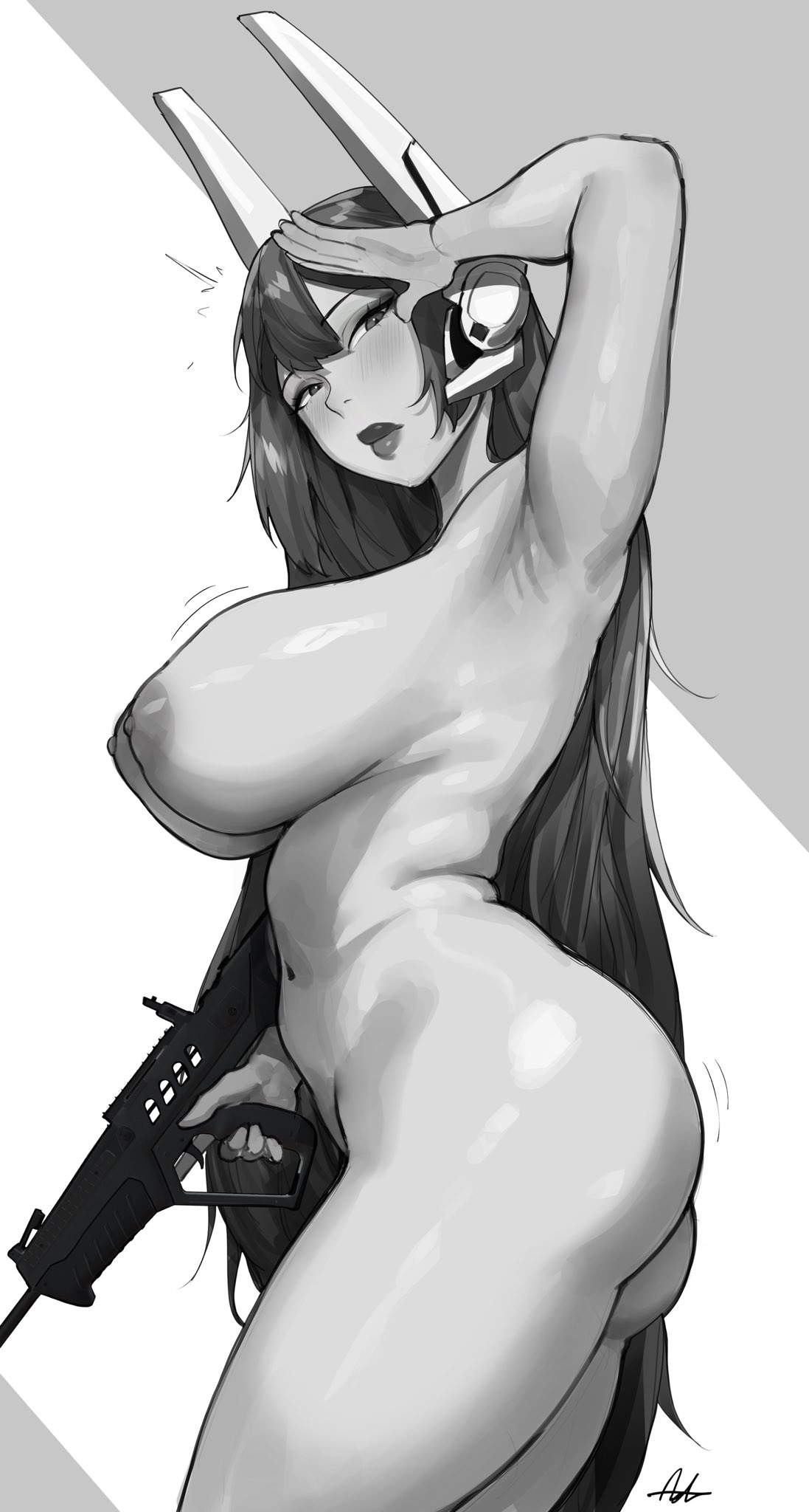aelion draws, armpits, girls' frontline, greyscale, gun, large breasts, long hair, nude, nude female, pinup, rifle, salute, tar-21 (girls' frontline)