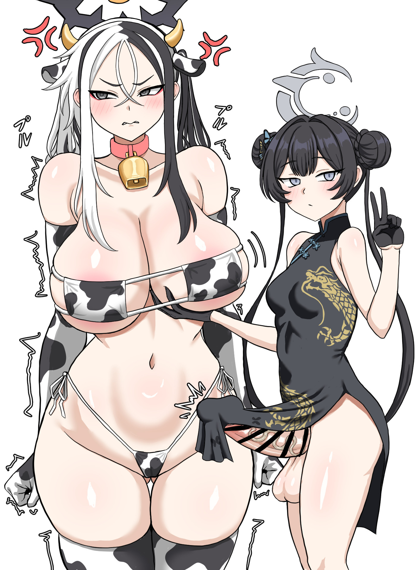 1futa, 1girls, anger vein, animal ear hairband, animal ears, animal print, ass, ass visible through thighs, bar censor, bare shoulders, bell, bikini, black dress, black gloves, black hair, black halo, blue archive, blush, braid, braided bun, breast size difference, breasts, butterfly hair ornament, censored, chinese clothes, cleavage, clenched hands, collarbone, cow ears, cow girl, cow horns, cow print, cow print bikini, cow print gloves, cow print thighhighs, cowbell, curvy, double bun, dragon print, dress, elbow gloves, embarrased, erection, erection under clothes, eyepatch bikini, eyeshadow, fake animal ears, fake horns, futa with female, futanari, gloves, grabbing another's breast, grey eyes, grey halo, groin, groping, hair bun, hair ornament, hairband, halo, height difference, highleg bikini, horns, huge breasts, kai (blue archive), kisaki (blue archive), large penis, long hair, looking at viewer, looking to the side, makeup, micro bikini, multicolored hair, navel, neck bell, no panties, penis, print bikini, print dress, red eyeshadow, side-tie bikini bottom, simple background, sleeveless, sleeveless dress, small breasts, standing, stomach, string bikini, swimsuit, testicles, thick thighs, thigh gap, thighhighs, thighs, trembling, twintails, twitching penis, two-tone hair, veins, veiny penis, white background, white hair