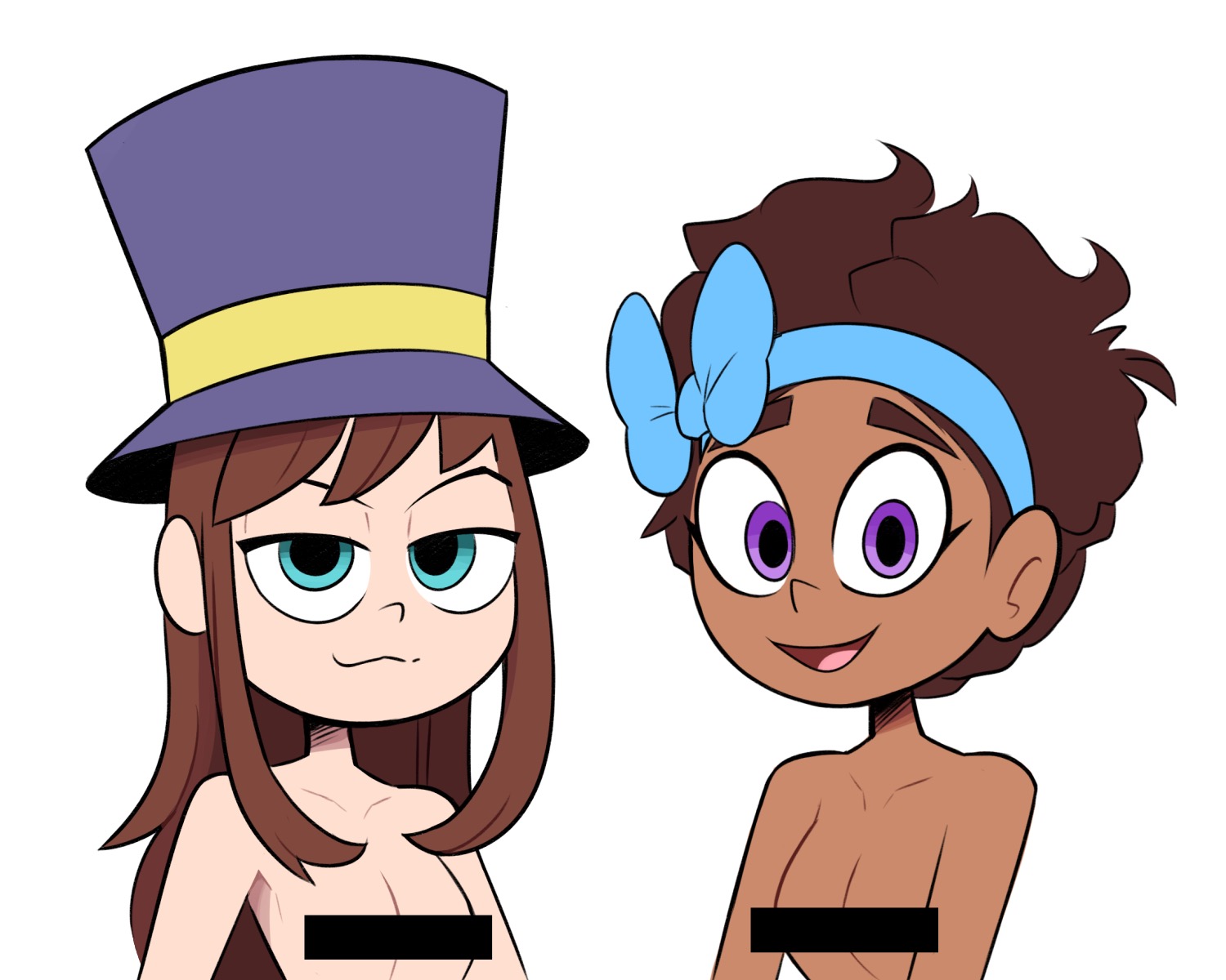 :3, 2girls, a hat in time, aqua eyes, bar censor, blue bow, blue eyes, blue hairband, blue headwear, bow, bow kid, breasts, brown hair, censored, censored nipples, dark skin, dark-skinned female, hair bow, hairband, hat, hat kid, long hair, looking at viewer, miscon, multiple girls, nude, open mouth, purple eyes, purple headwear, short hair, side bangs, sidelocks, simple background, small breasts, smile, top hat, upper body, white background
