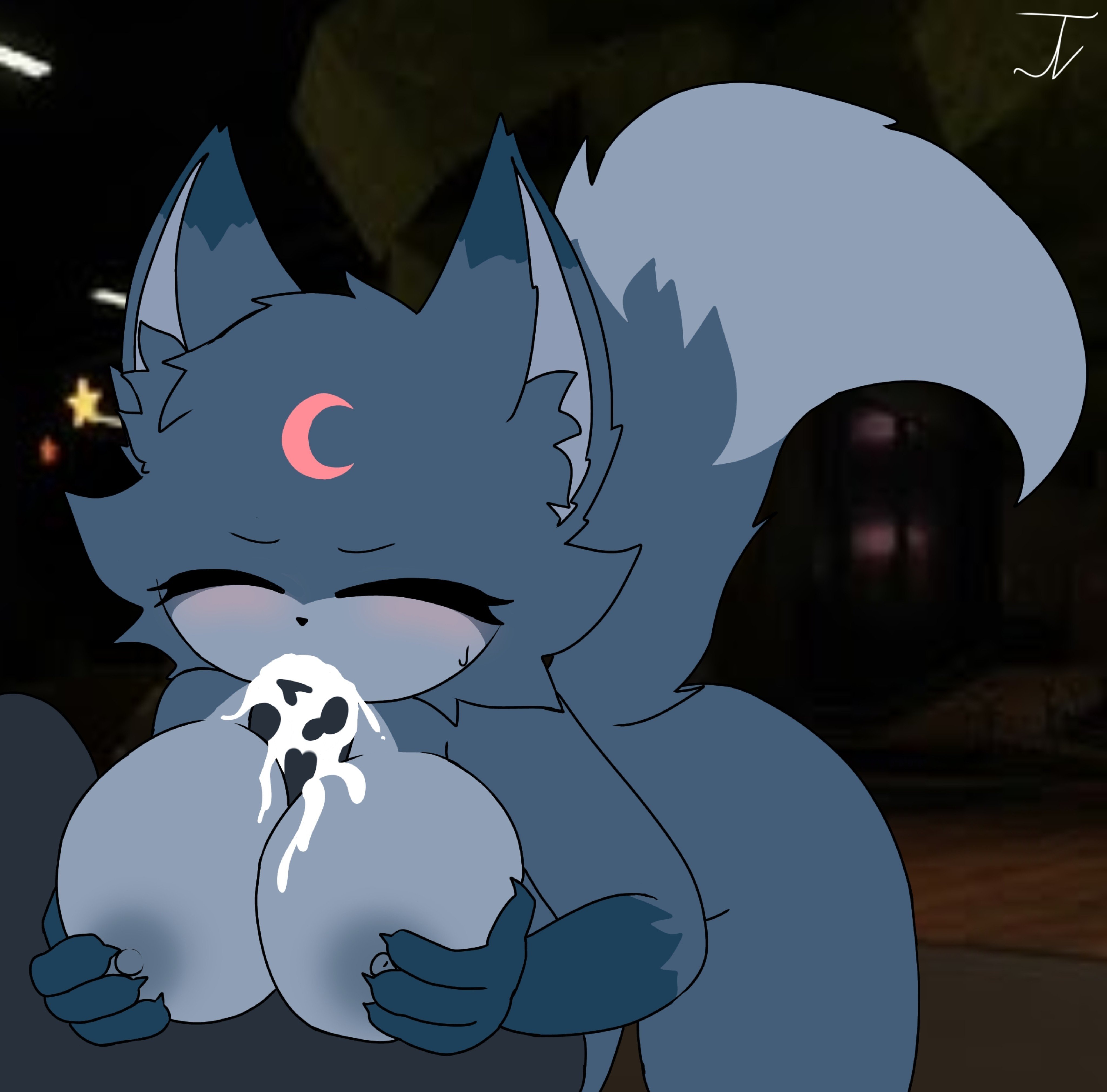 1boy, 1girls, 2d, 2d (artwork), anthro, artist request, blowjob, blue fur, blush, blushcrunch studio, breasts, canid, canine, cum, cum drip, cum in mouth, cum on breasts, dandy's world, dandys world, dark background, digital media, eclipse (dandy's world), eyes closed, fur, furry, furry female, looking at viewer, oral, penis, penis between breasts, penis in mouth, tagme, tail, titfuck, titjob, toon (dandy's world), video games, werewolf, wolf, wolf tail