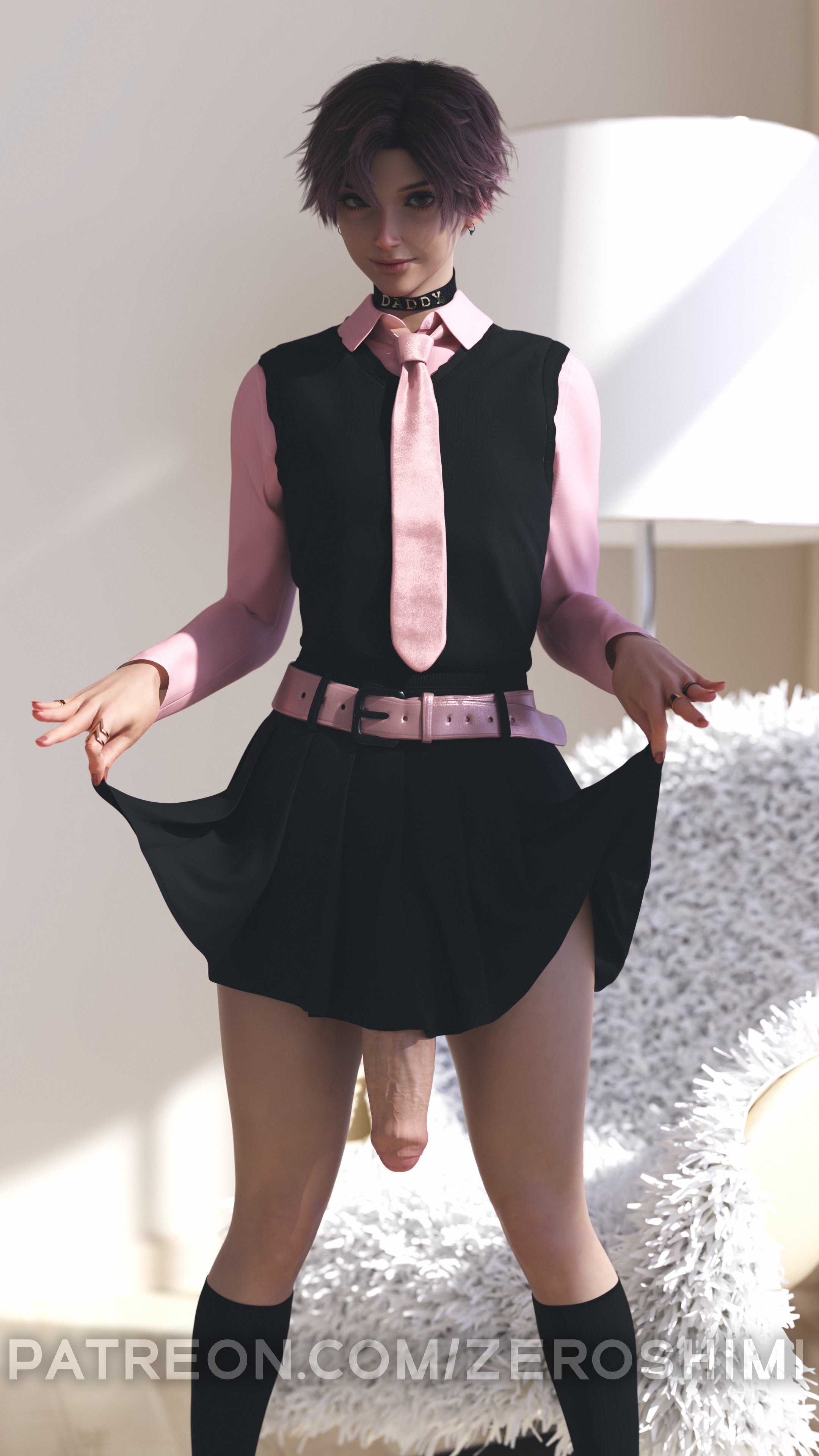1boy, 1femboy, 1male, 3d, 3d (artwork), 3d render, belt, big cock, big dick, big penis, black skirt, black socks, choker, choker writing, collar, cute, cute eyes, cute face, cute femboy, cute male, dyed hair, earring, earrings, femboy, femboy focus, femboy only, feminine, feminine faced male, feminine male, foreskin, high quality, high resolution, highres, huge cock, huge penis, hung, hung femboy, hung trap, imminent fellatio, imminent oral, jewelry, light skin, light-skinned femboy, light-skinned male, long penis, looking at viewer, male, male focus, male only, massive cock, massive penis, no panties, no underwear, pale skin, pale-skinned male, partially clothed, partially nude, penis between legs, penis under skirt, pent up, pink belt, pink shirt, pink tie, presenting, presenting penis, ring, ring (jewelry), rings, shirt, skirt, skirt lift, skirt up, smooth skin, smooth skinned male, socks, solo, solo femboy, solo focus, solo male, standing, thick cock, thick penis, throbbing penis, tie, trap, uncircumcised, uncircumcised penis, uncut, uncut penis, vein, veins, veins on dick, veiny, veiny penis, watermark, zeroshimi
