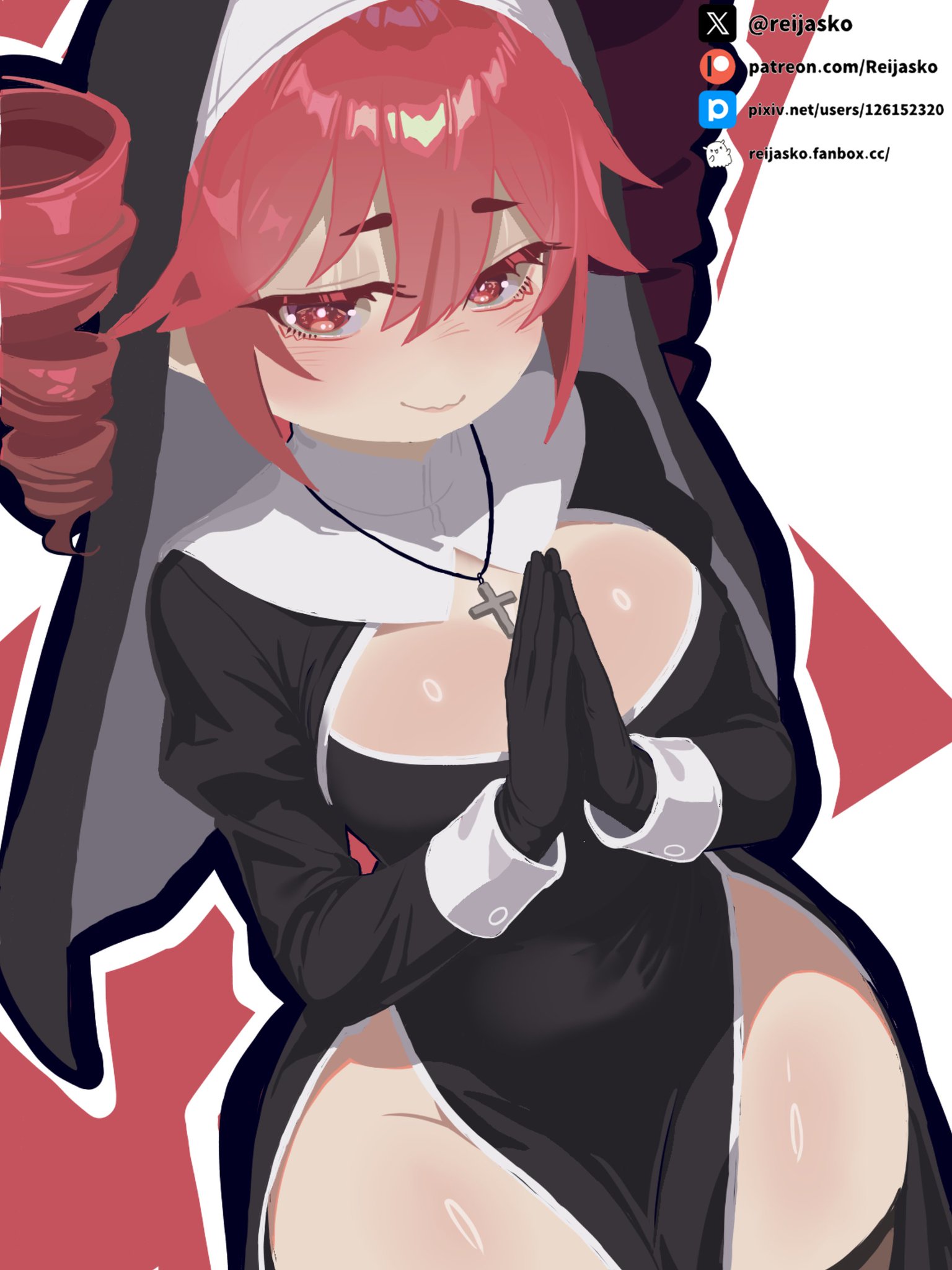 1girls, 2d, 2d (artwork), belly, big breasts, big thighs, breasts, cleavage, cleavage cutout, clothed, clothed female, clothing, cross, cross necklace, curvaceous, curvy, curvy female, curvy figure, eyelashes, fat thighs, female, female only, fully clothed, gloves, hourglass figure, huge thighs, kasane teto, large breasts, large thighs, necklace, no bra, no panties, nun, nun outfit, nun's habit, plump, plump thighs, red eyes, red hair, reijasko, revealing clothes, sexy nun, shiny breasts, shiny thighs, skimpy, skimpy clothes, slim waist, slutty outfit, solo, solo female, thick thighs, thighhighs, thighs, twin drills, utau, voluptuous, voluptuous female, wide hips