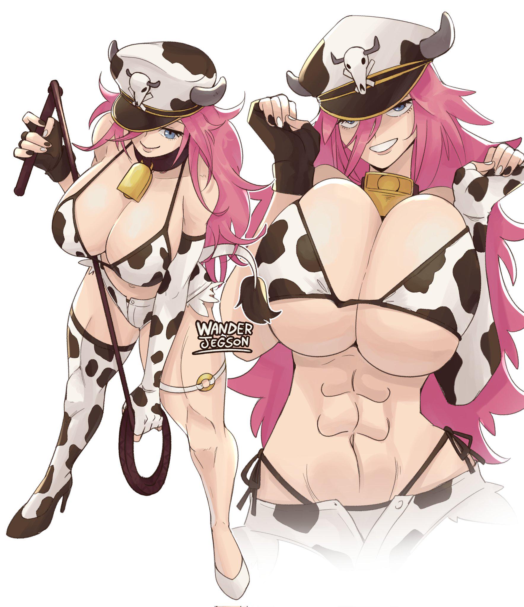 1girls, abs, alternate costume, bell collar, big breasts, breast squeeze, breasts, cap, collar, collared, cow bell collar, cow girl, cow print, cow print armwear, cow print bikini, cow print gloves, cow print thighhighs, fake animal tail, fake horns, fat breasts, female, final fight, fingerless gloves, heels, large breasts, long gloves, long hair, military hat, muscular, muscular female, muscular thighs, painted fingernails, peaked cap, poison (final fight), short shorts, six pack, street fighter, thong, thong panties, thong straps, wanderjegson, whip