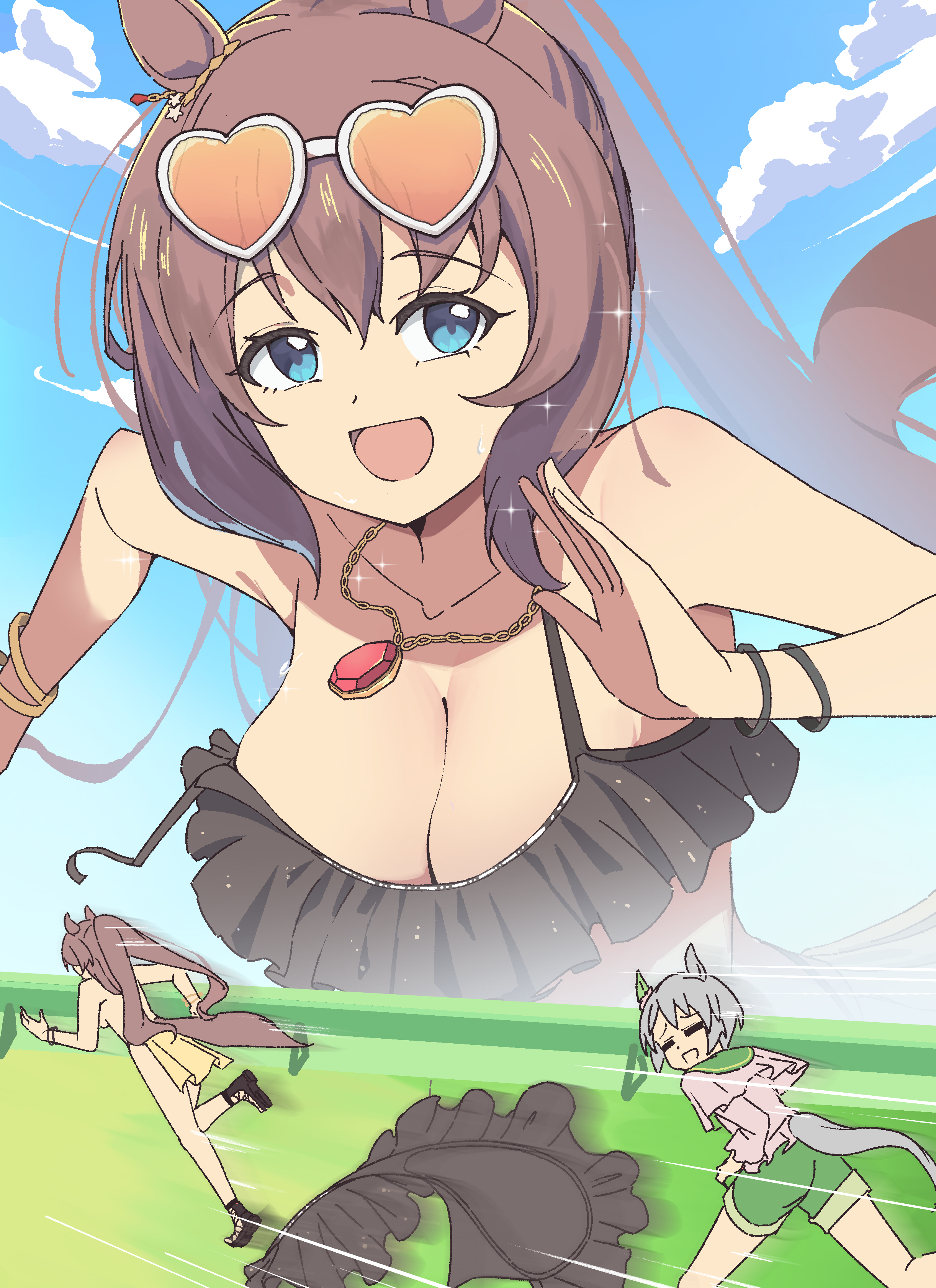 big breasts, blue eyes, breasts, brown hair, hair, horse girl, long hair, maruzensky (hot summer night) (umamusume), maruzensky (umamusume), meme, naisu, seiun sky (umamusume), sunglasses, tagme, topless, umamusume, wardrobe malfunction