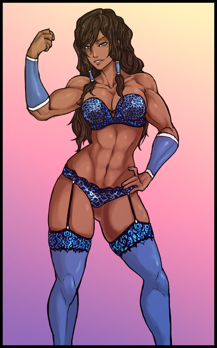 1girls, abs, avatar legends, biceps, blue eyes, bra, breasts, dark skin, dark-skinned female, dick hammersmith, female, female only, hair tubes, human, korra, large breasts, lingerie, muscles, muscular, muscular female, panties, smile, solo, stockings, straight hair, the avatar, the legend of korra, thighhighs, water tribe