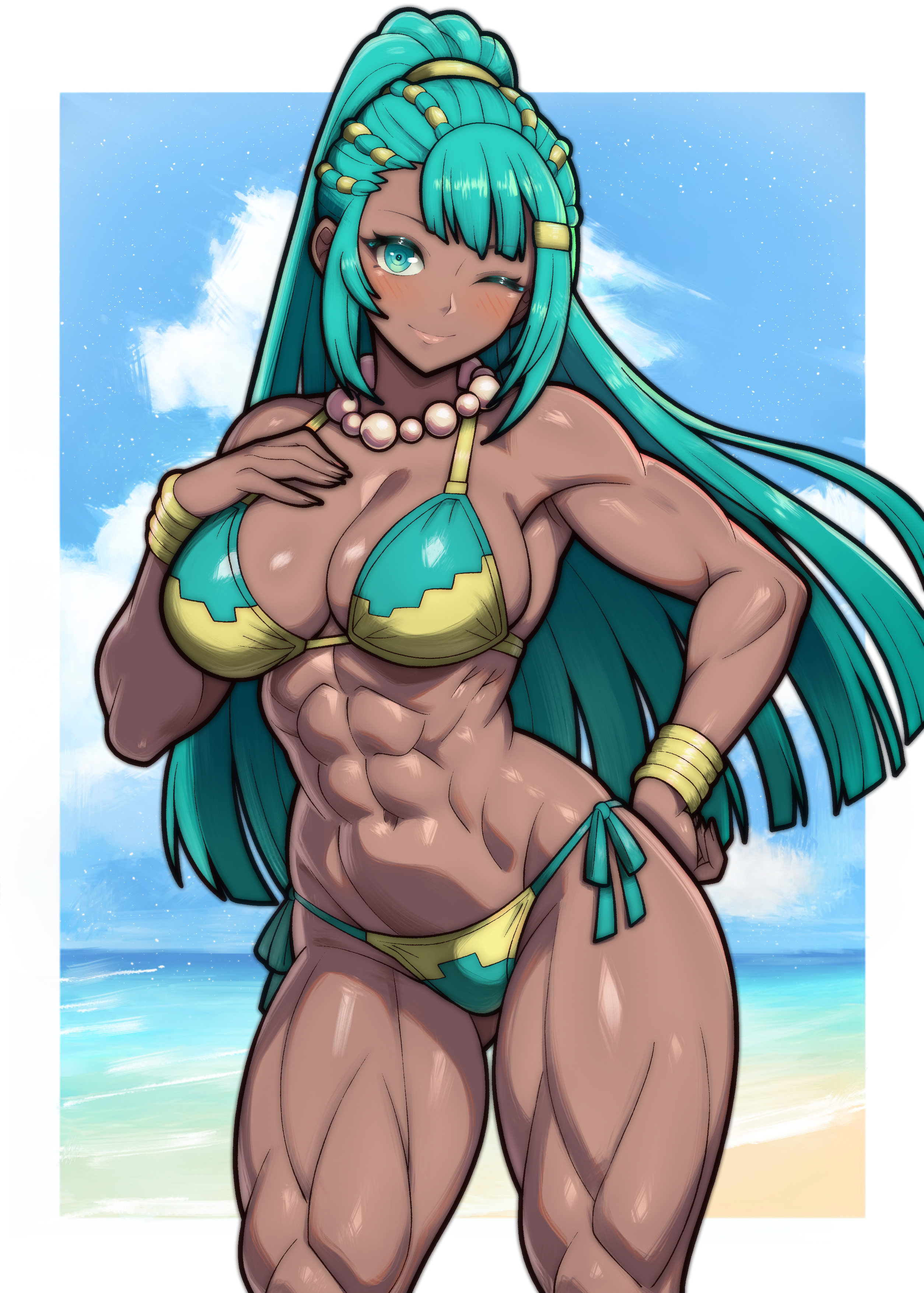 ;), 1girl, abs, absurdres, alluring, aqua bikini, aqua eyes, aqua hair, athletic female, bare arms, bare shoulders, beach, bead necklace, beads, bikini, blue sky, blush, border, bracelet, cleavage, closed mouth, commentary, commission, dark skin, dark-skinned female, day, english commentary, esmeralda (fire emblem), female abs, female focus, fire emblem, fire emblem: fortune's weave, fit female, gluteal fold, hand on own chest, hand on own hip, high ponytail, highres, intelligent systems, jewelry, ko-fi commission, large breasts, long hair, looking at viewer, matching hair/eyes, necklace, nintendo, ocean, one eye closed, outdoors, ponytail, rotomdocs, sky, smile, solo, standing, stomach, swimsuit, thick thighs, thighs, very long hair, water, white border, wink, yellow bikini